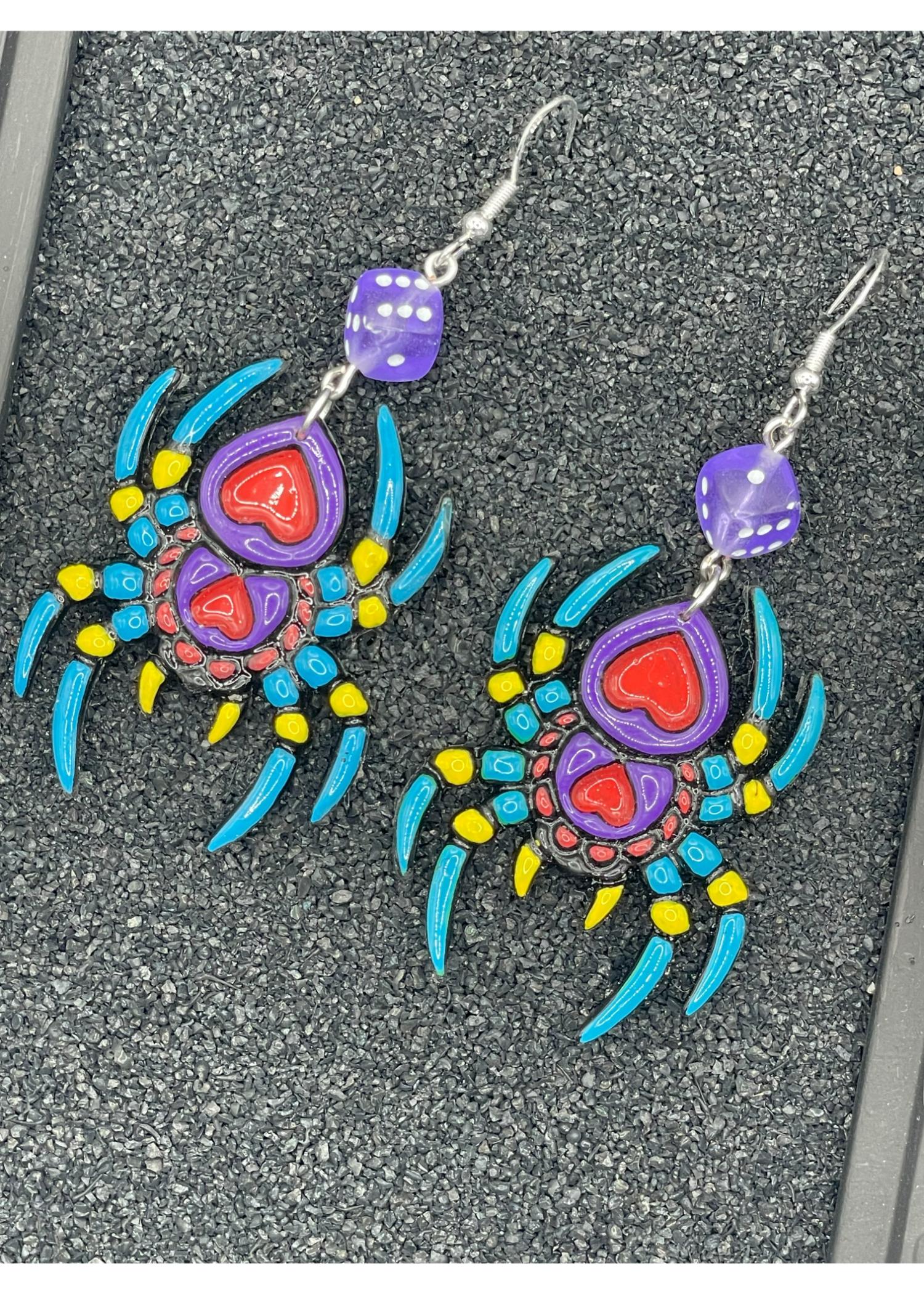 Tattoo-Spider Earrings with Dice Details: Handmade, Hand-Painted Polymer Clay