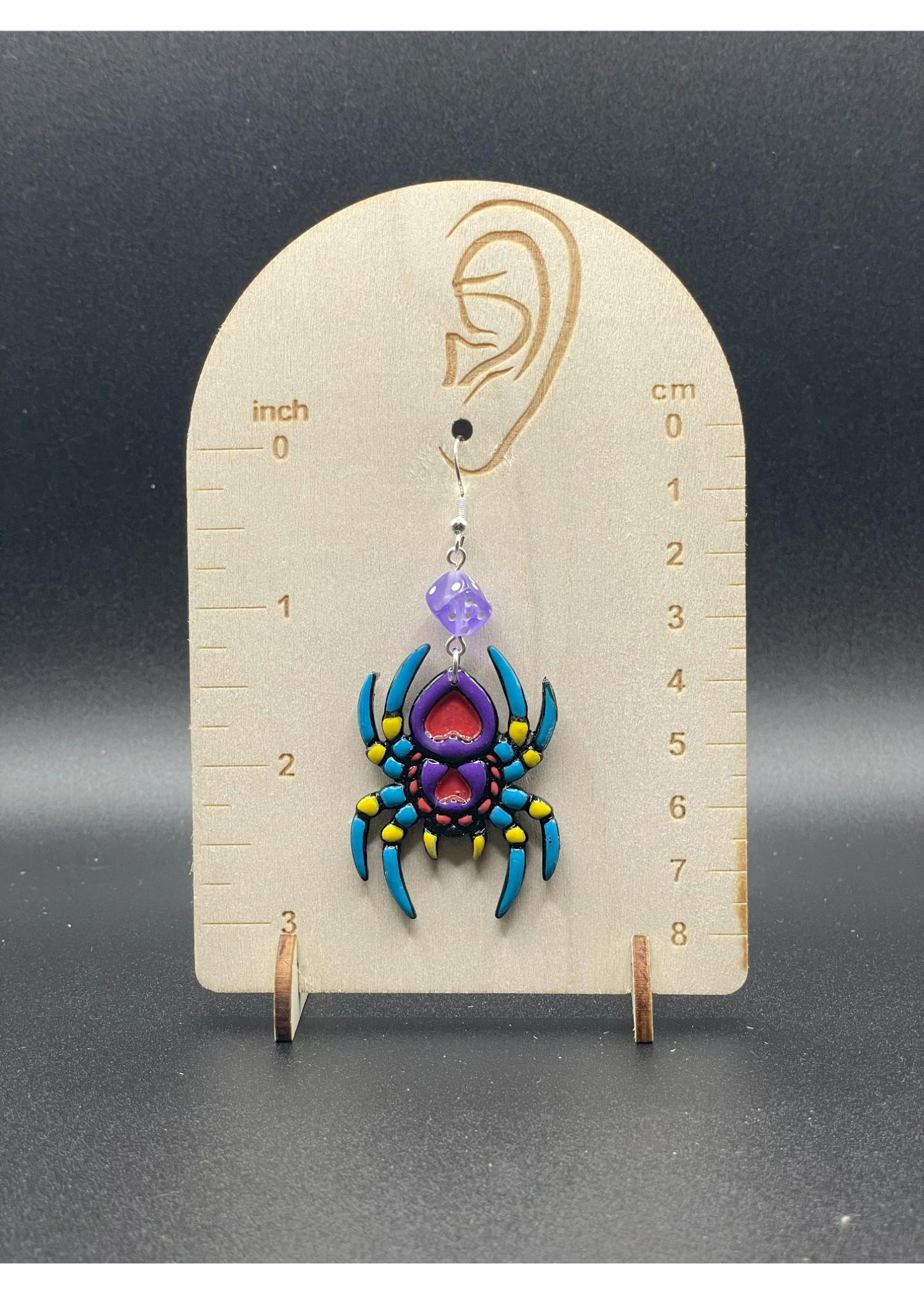 Tattoo-Spider Earrings with Dice Details: Handmade, Hand-Painted Polymer Clay