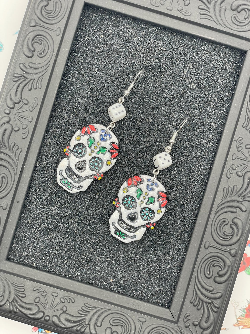 Tattoo-Sugar Skull Earrings with Dice Detail: Handmade, Hand-Painted Polymer Clay