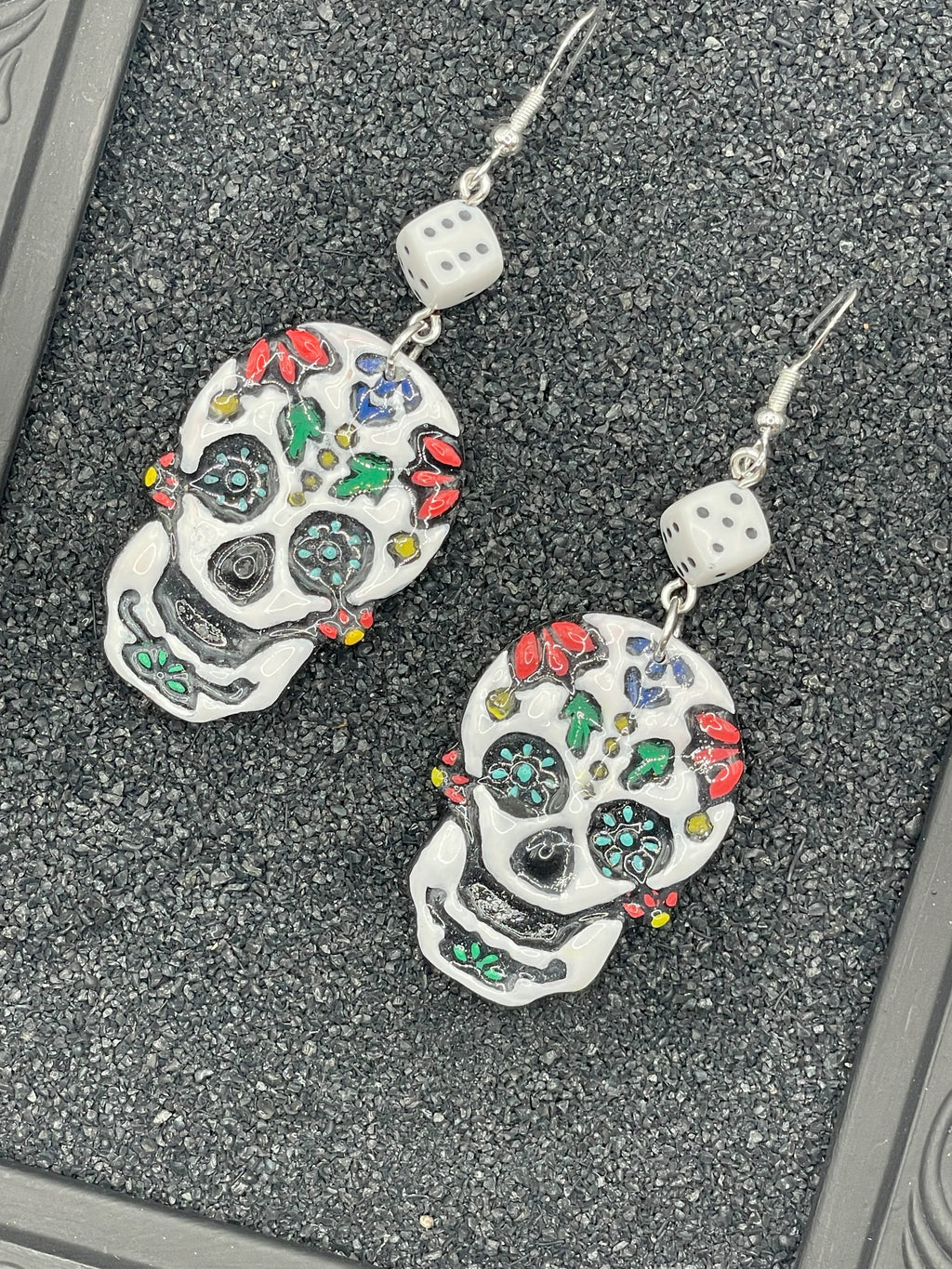 Tattoo-Sugar Skull Earrings with Dice Detail: Handmade, Hand-Painted Polymer Clay