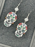 Tattoo-Sugar Skull Earrings with Dice Detail: Handmade, Hand-Painted Polymer Clay