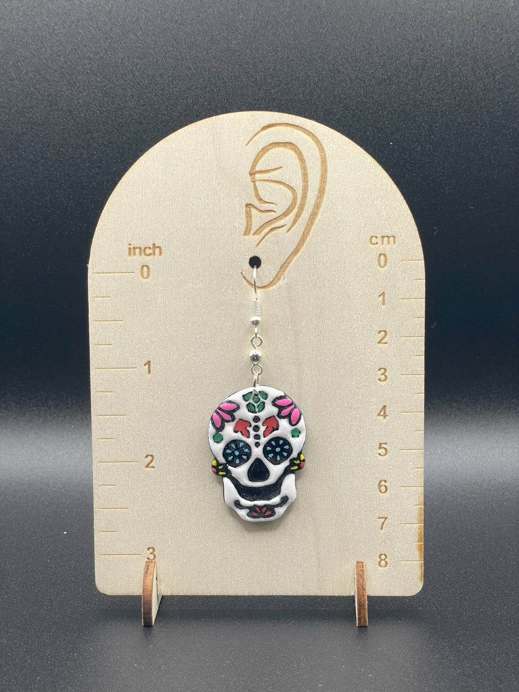 Tattoo-Sugar Skull Earrings with Dice Detail: Handmade, Hand-Painted Polymer Clay