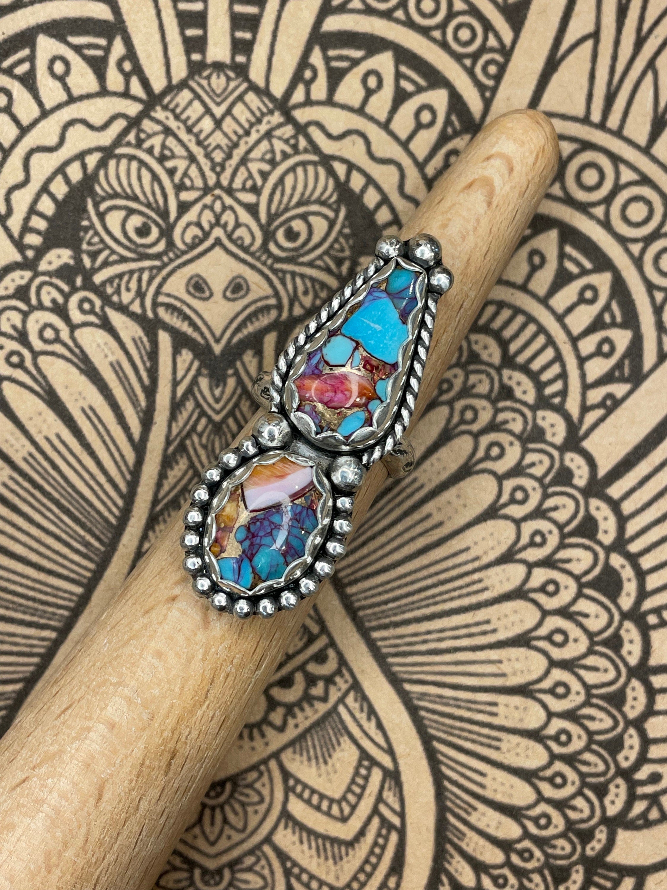 Candy-Kingman Pink Dahlia Turquoise Double Gemstone Ring