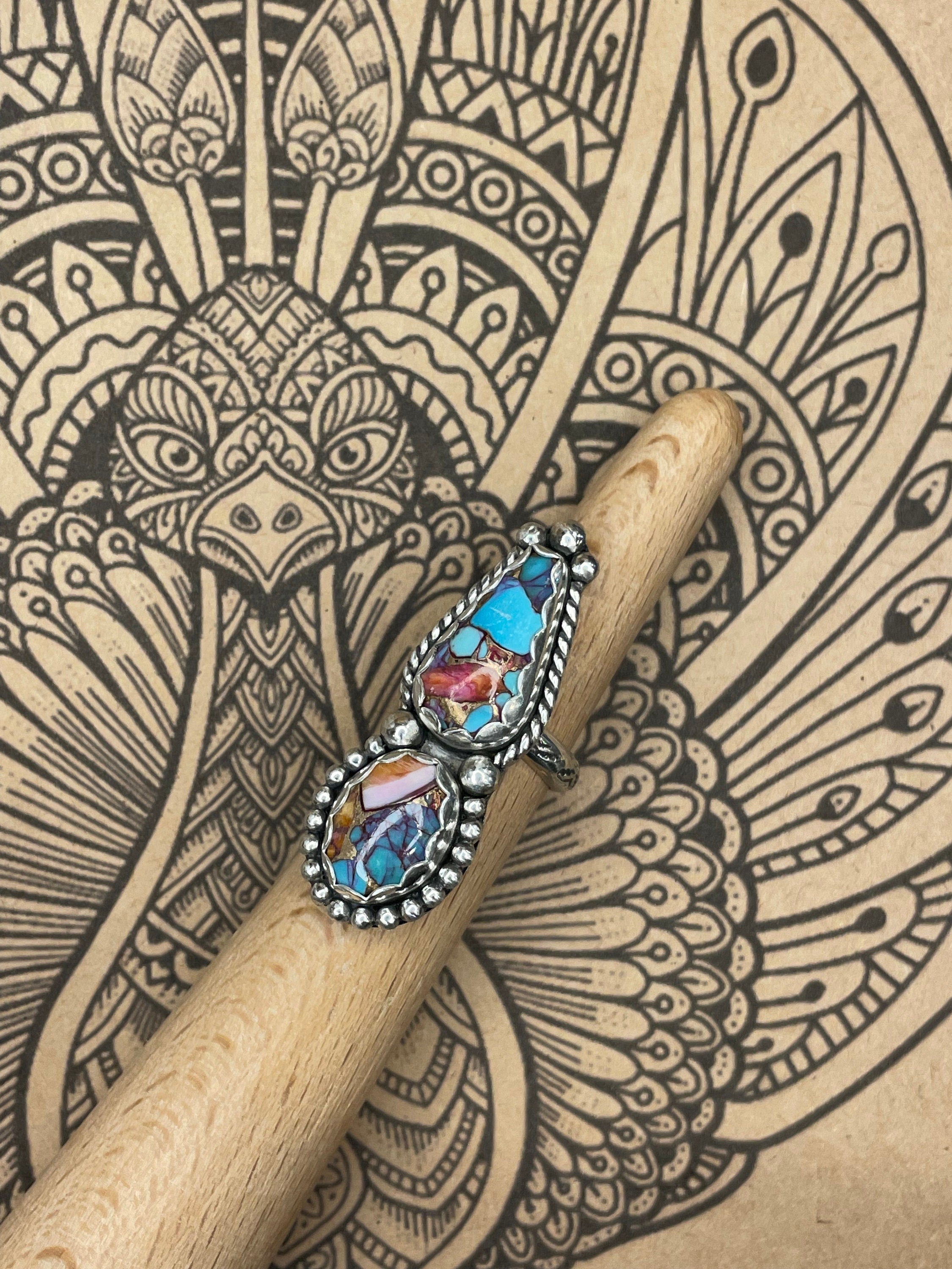 Candy-Kingman Pink Dahlia Turquoise Double Gemstone Ring