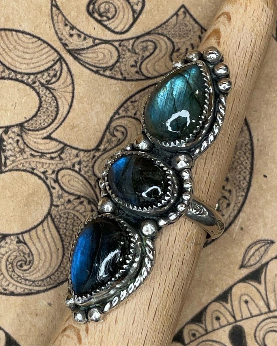 Hanna-Blue/Green Labradorite Triple Gemstone Ring