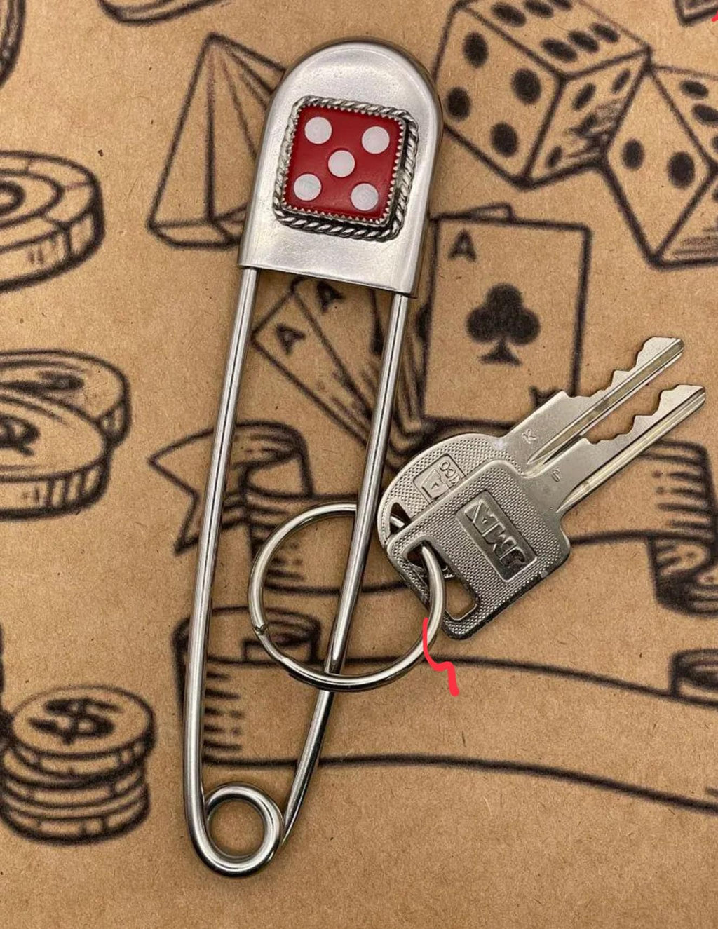 Zuri-Jumbo Safety Pin with Red Dice White Pips #5