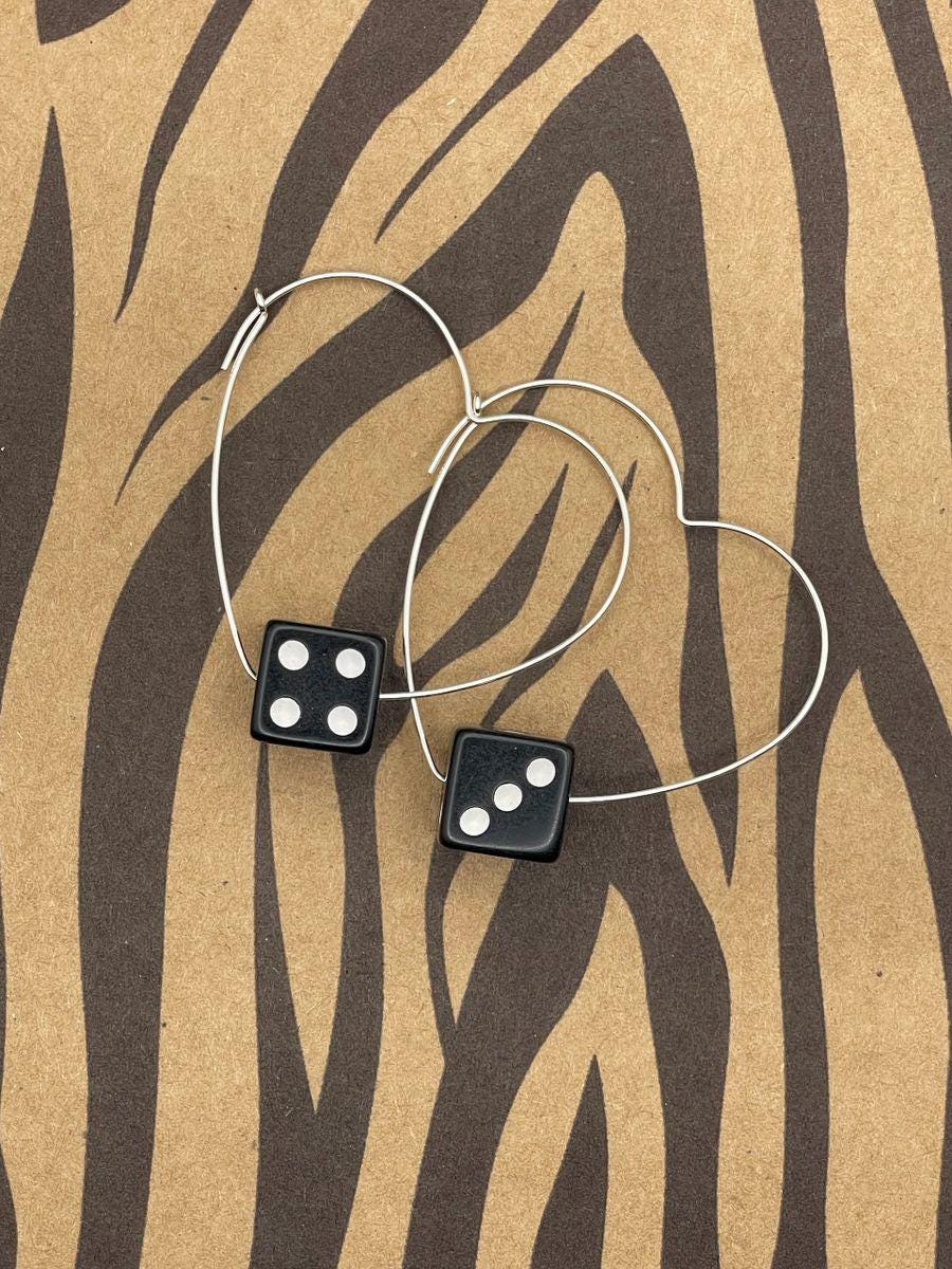 Zipper-Black Dice Sterling Silver Heart Hoops