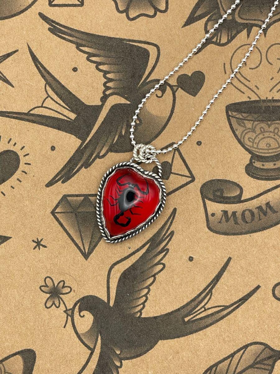 Welch-Black Scorpion in Red Resin Heart Pendant