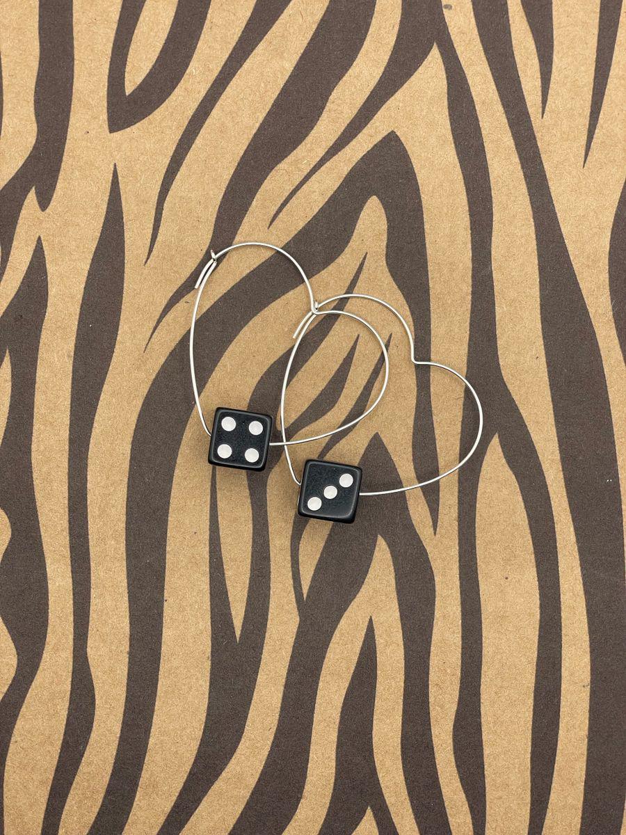 Zipper-Black Dice Sterling Silver Heart Hoops