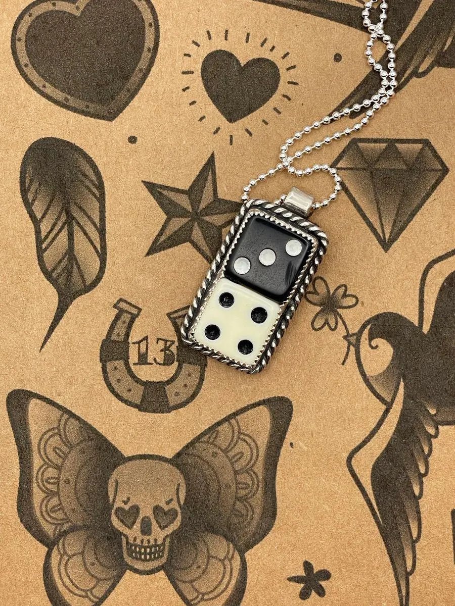 Zacha – Black & White Crisloid Dice Pendant | Vintage Casino Jewelry