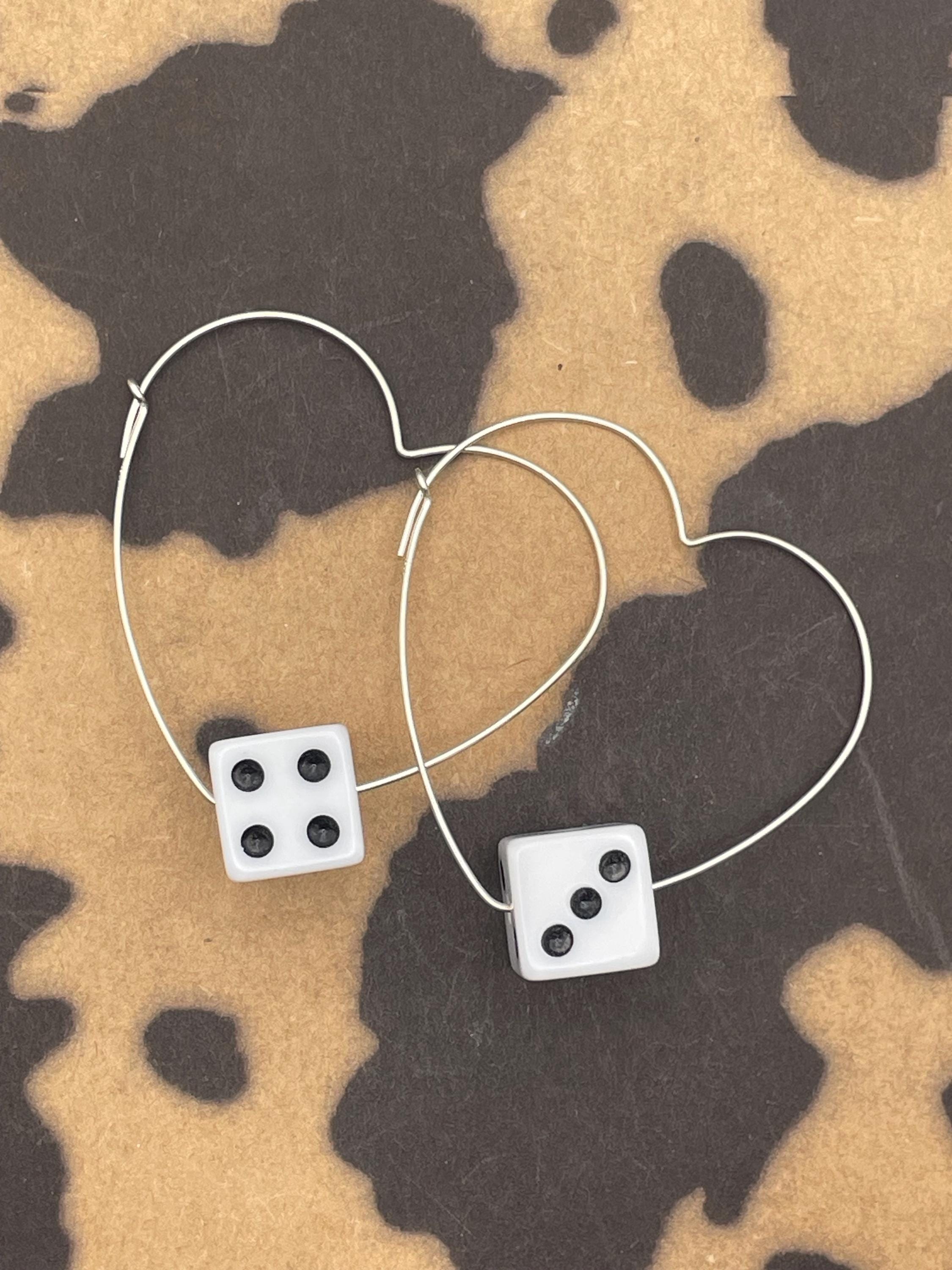 Zen-White Dice Sterling Silver Heart Shaped Hoops Earrings