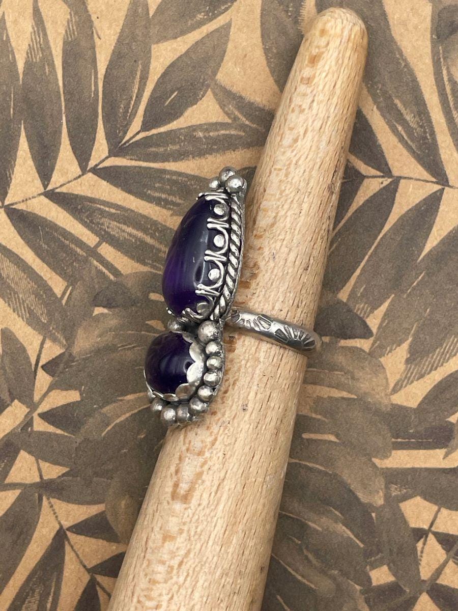 Kat-Purple Amethyst Double Gemstone Statement Ring