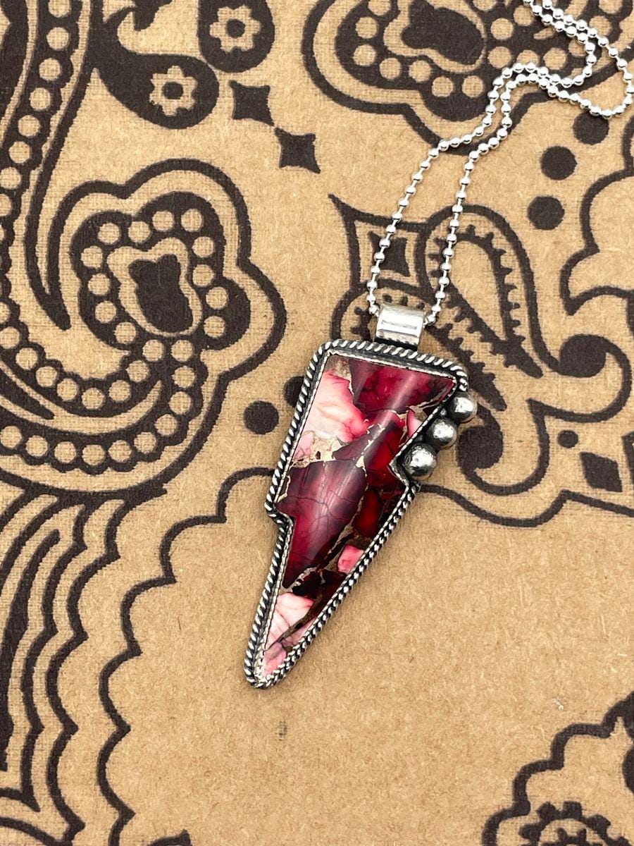 Emma-Red Buffalo Gemstone Lightning Bolt Pendant/Necklace