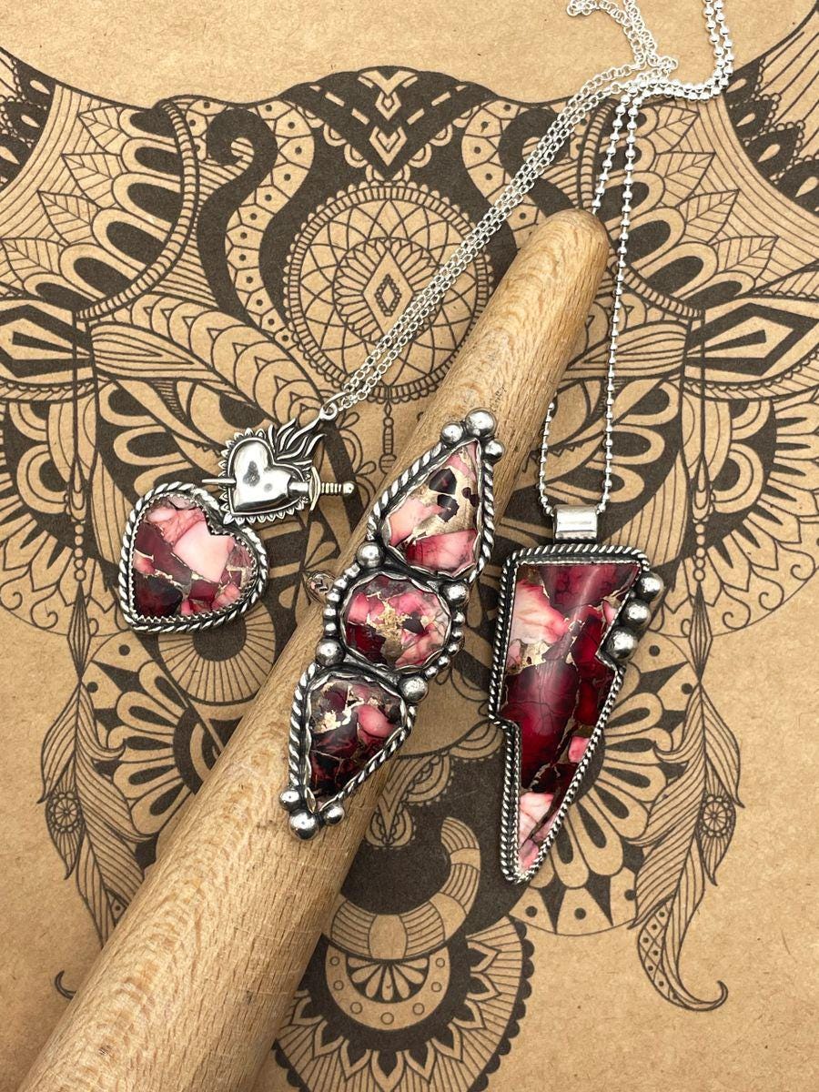 Emma-Red Buffalo Gemstone Lightning Bolt Pendant/Necklace