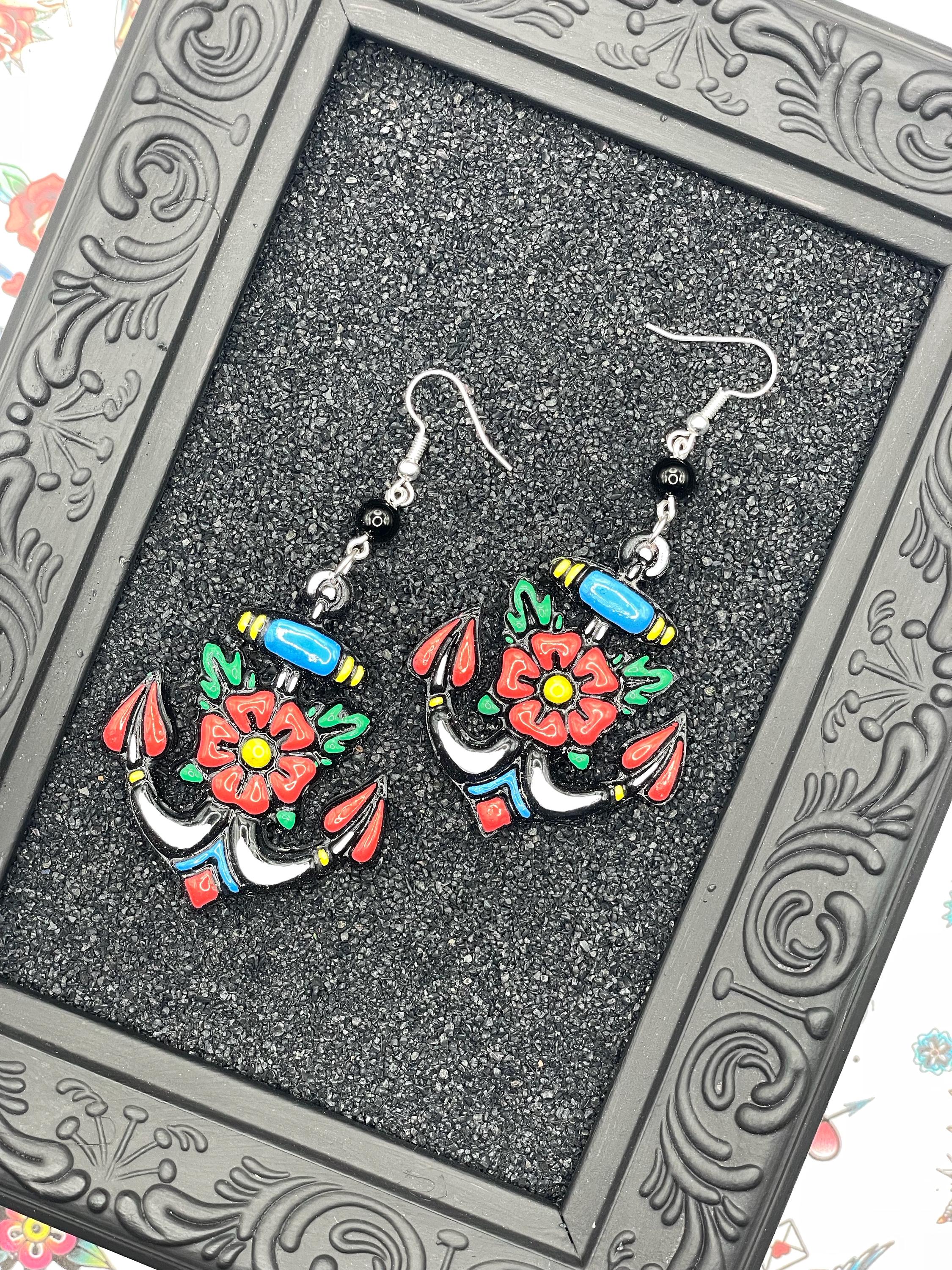 Tattoo-Handmade Tattoo Anchor Earrings: Sailor Jerry Style Polymer Clay