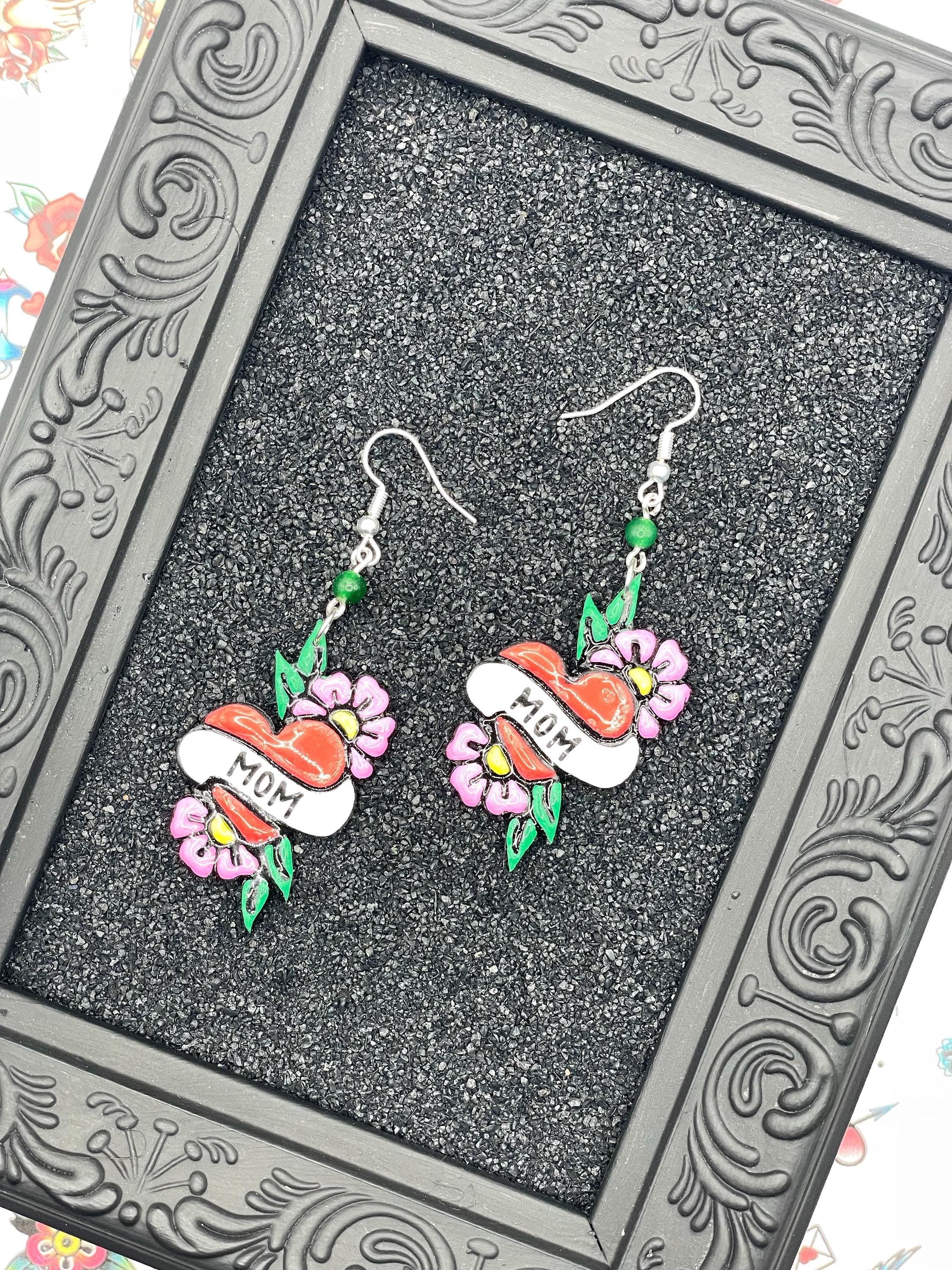 Tattoo-Mom Heart Earrings: Hand-Painted Polymer Clay, Sailor Jerry Style