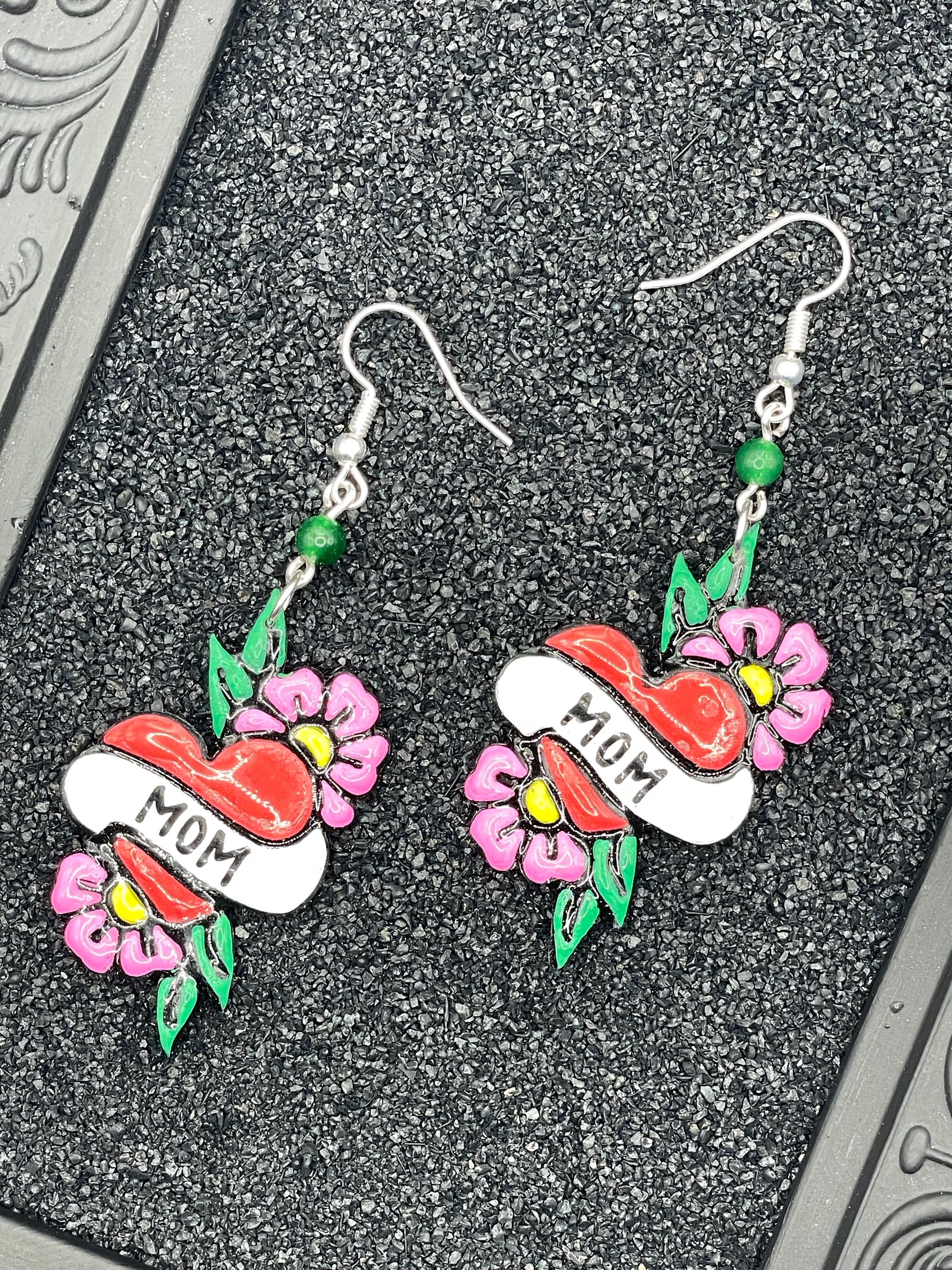 Tattoo-Mom Heart Earrings: Hand-Painted Polymer Clay, Sailor Jerry Style