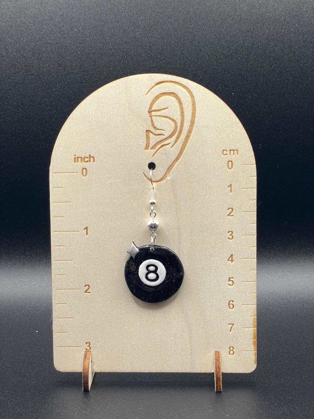 Tattoo-Billiard 8 Ball Dangle Earrings: Handmade, Hand-Painted Polymer Clay