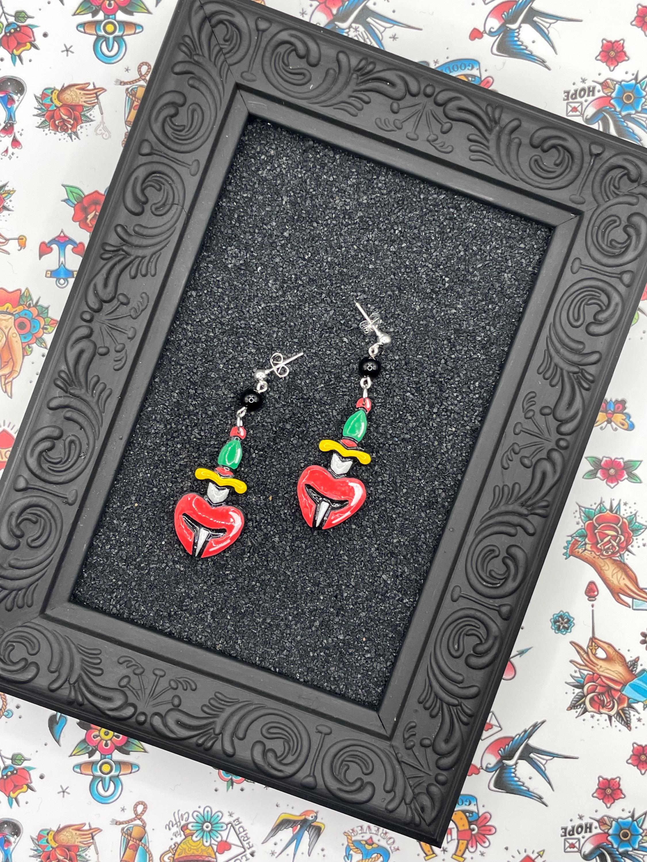 Tattoo-Heart with Dagger Earrings - Handmade Traditional Tattoo Earrings – Polymer Clay, Sailor Jerry Inspired, Hand Painted