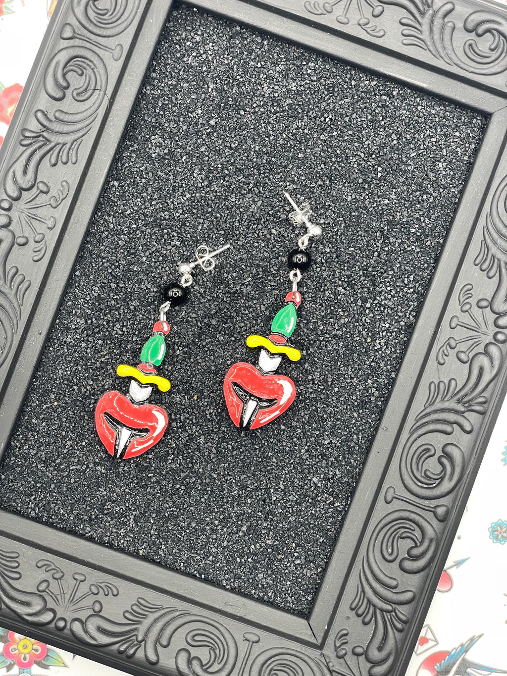 Tattoo-Heart with Dagger Earrings: Handmade, Hand-Painted Polymer Clay