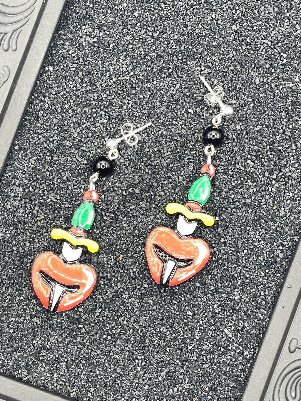 Tattoo-Heart with Dagger Earrings: Handmade, Hand-Painted Polymer Clay