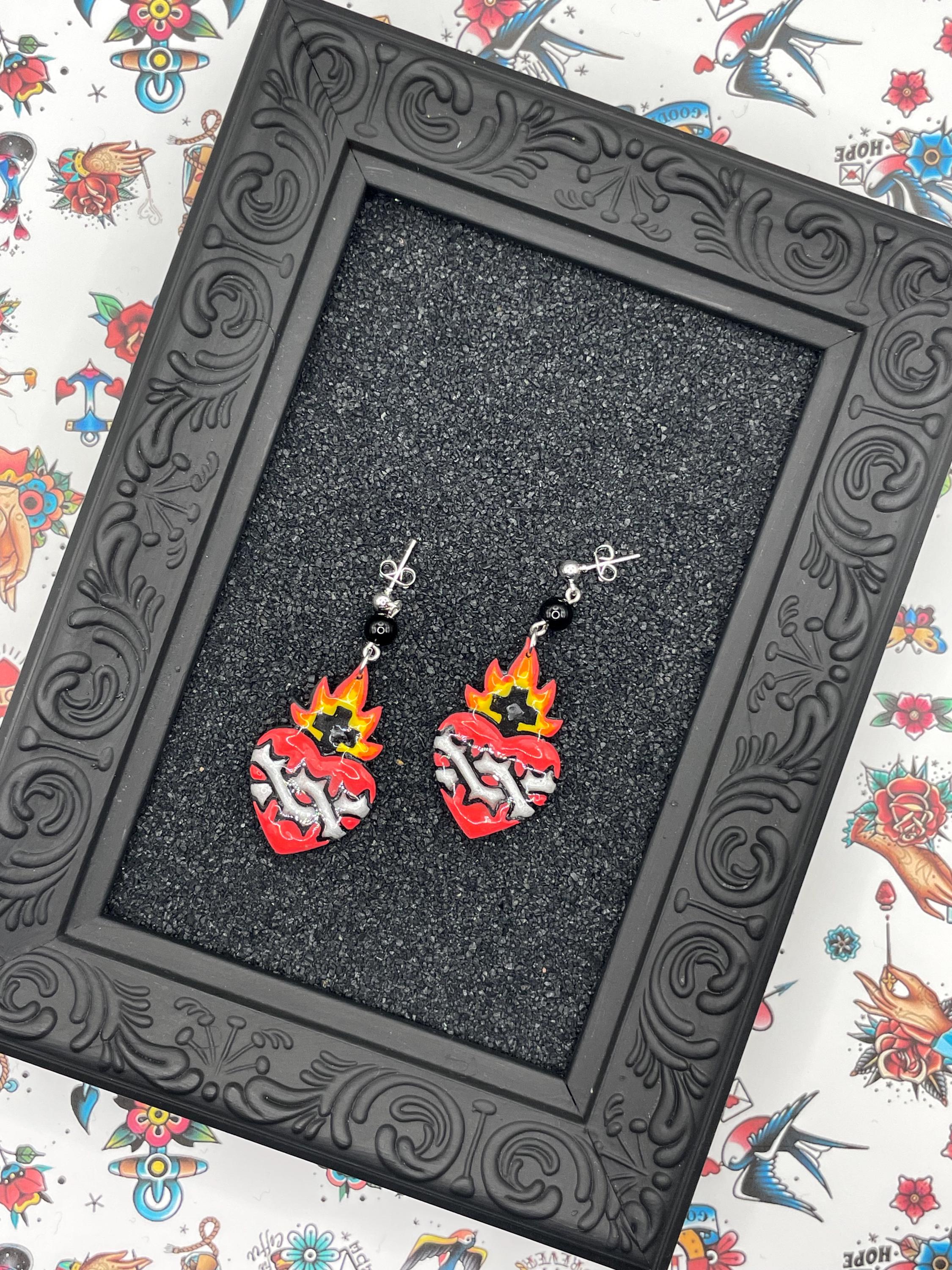 Tattoo-Sacred Heart Tattoo Earrings: Hand-Painted Polymer Clay, Sailor Jerry Style