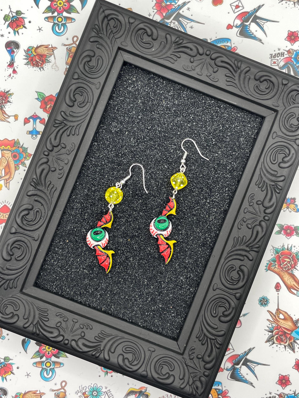 Tattoo-Eyeball Wing Earrings with Dice Detail: Handmade, Hand-Painted Polymer Clay