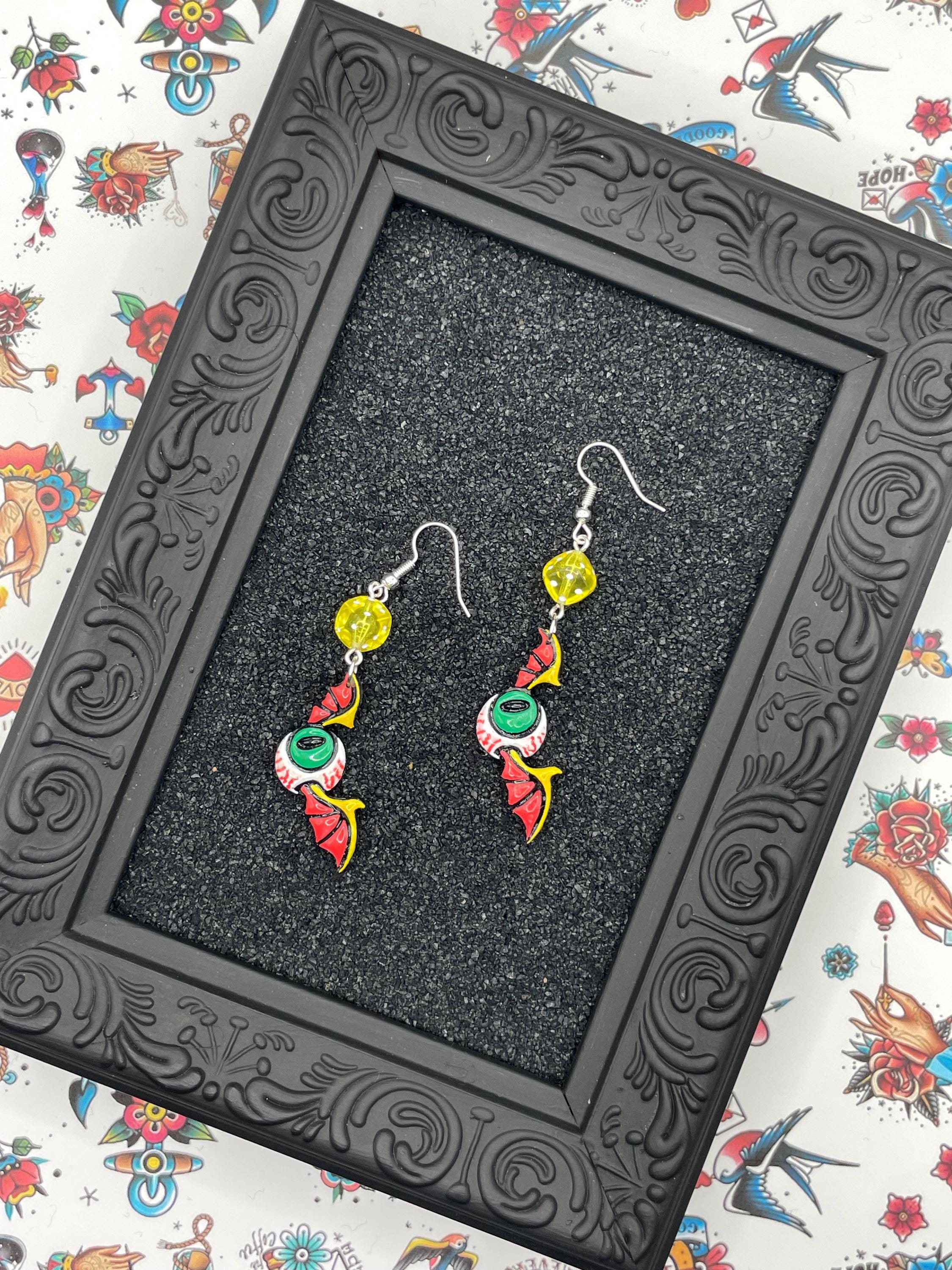 Tattoo-Eyeball Wing Earrings with Dice Detail: Handmade, Hand-Painted Polymer Clay