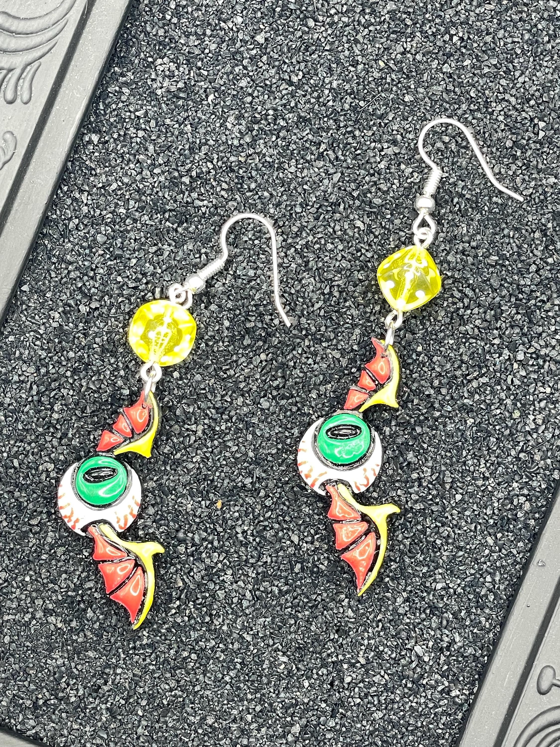 Tattoo-Eyeball Wing Earrings with Dice Detail: Handmade, Hand-Painted Polymer Clay