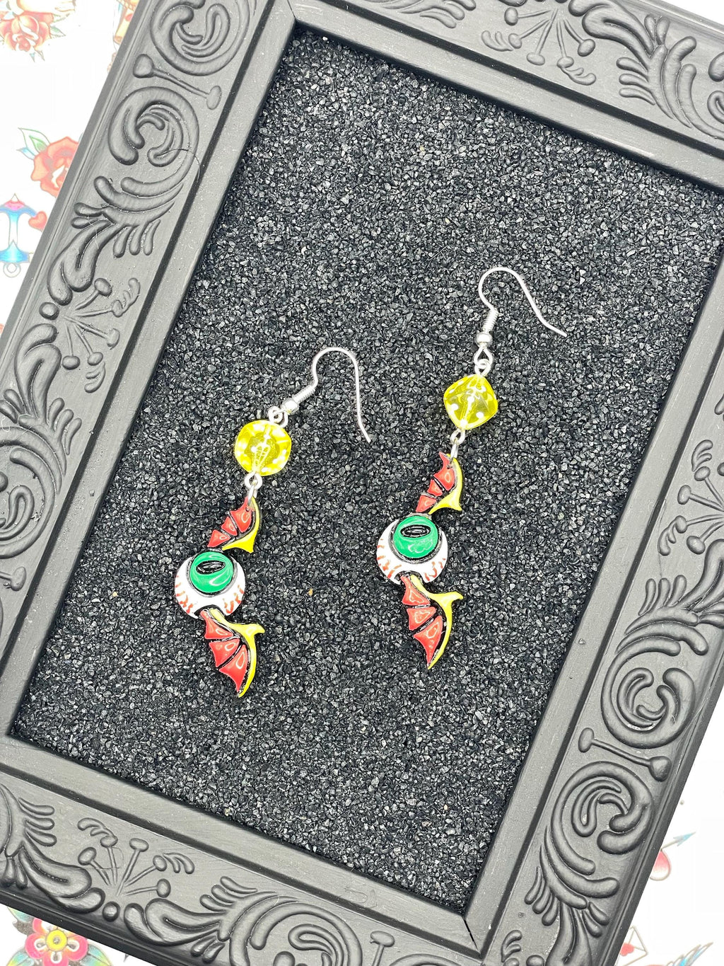 Tattoo-Eyeball Wing Earrings with Dice Detail: Handmade, Hand-Painted Polymer Clay