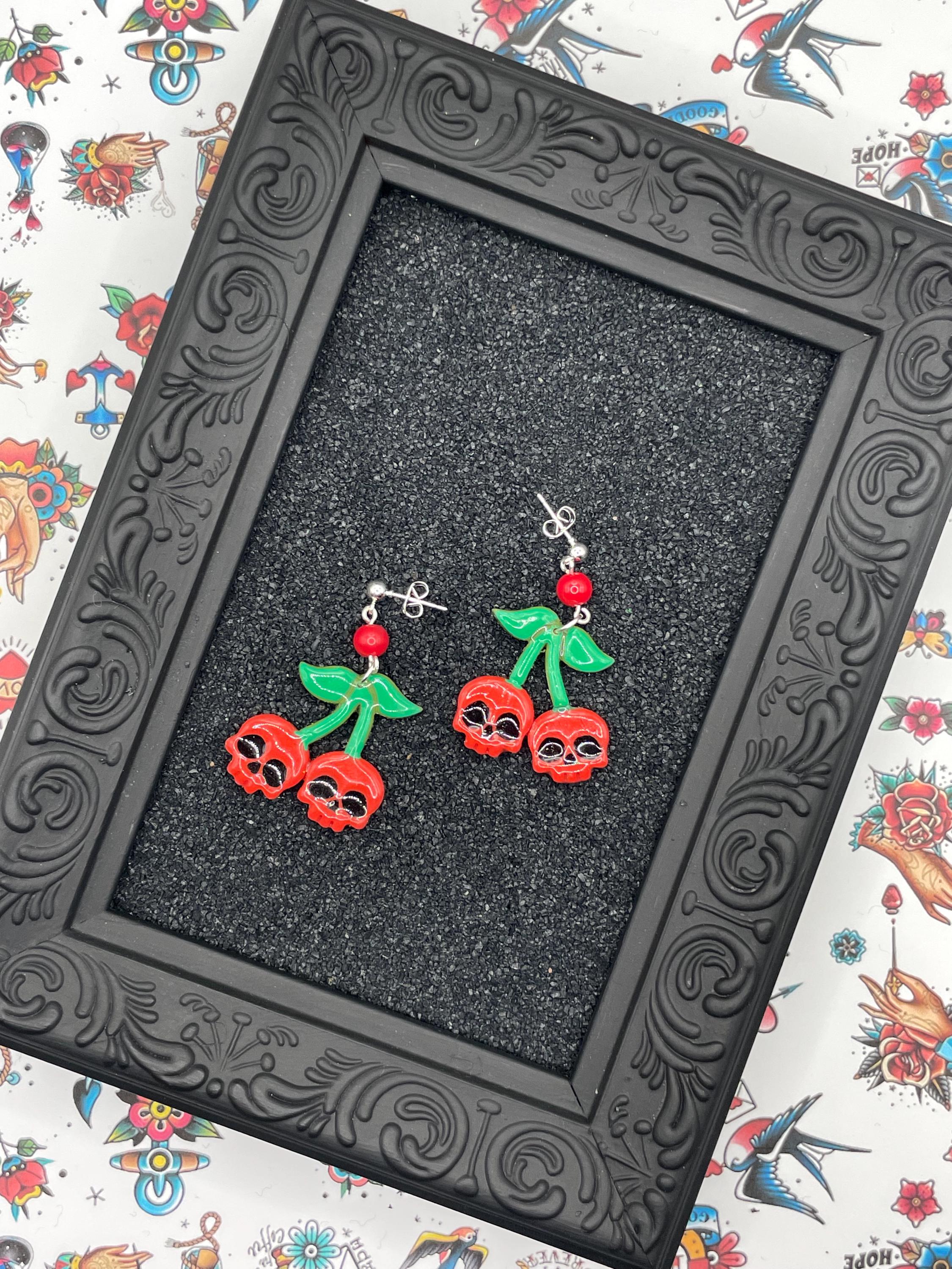 Tattoo-Cherry Skull Earrings: Hand-Painted Polymer Clay, Sailor Jerry Style