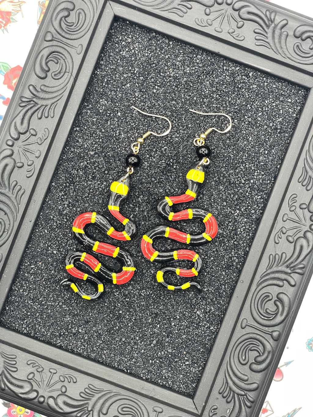 Tattoo-Coral Snake Earrings: Handmade, Hand-Painted Polymer Clay