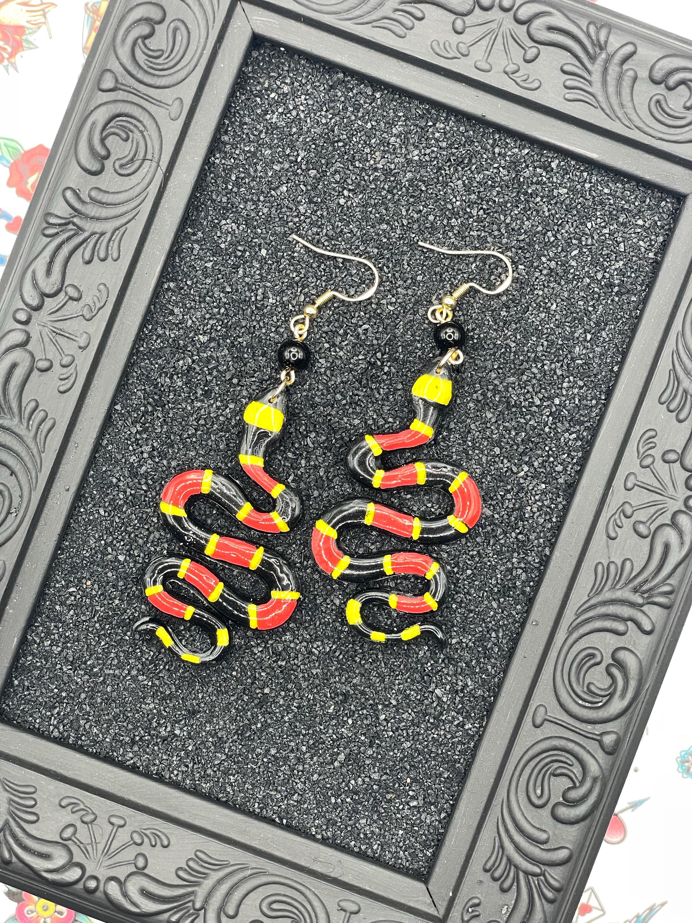 Tattoo-Coral Snake Earrings: Handmade, Hand-Painted Polymer Clay
