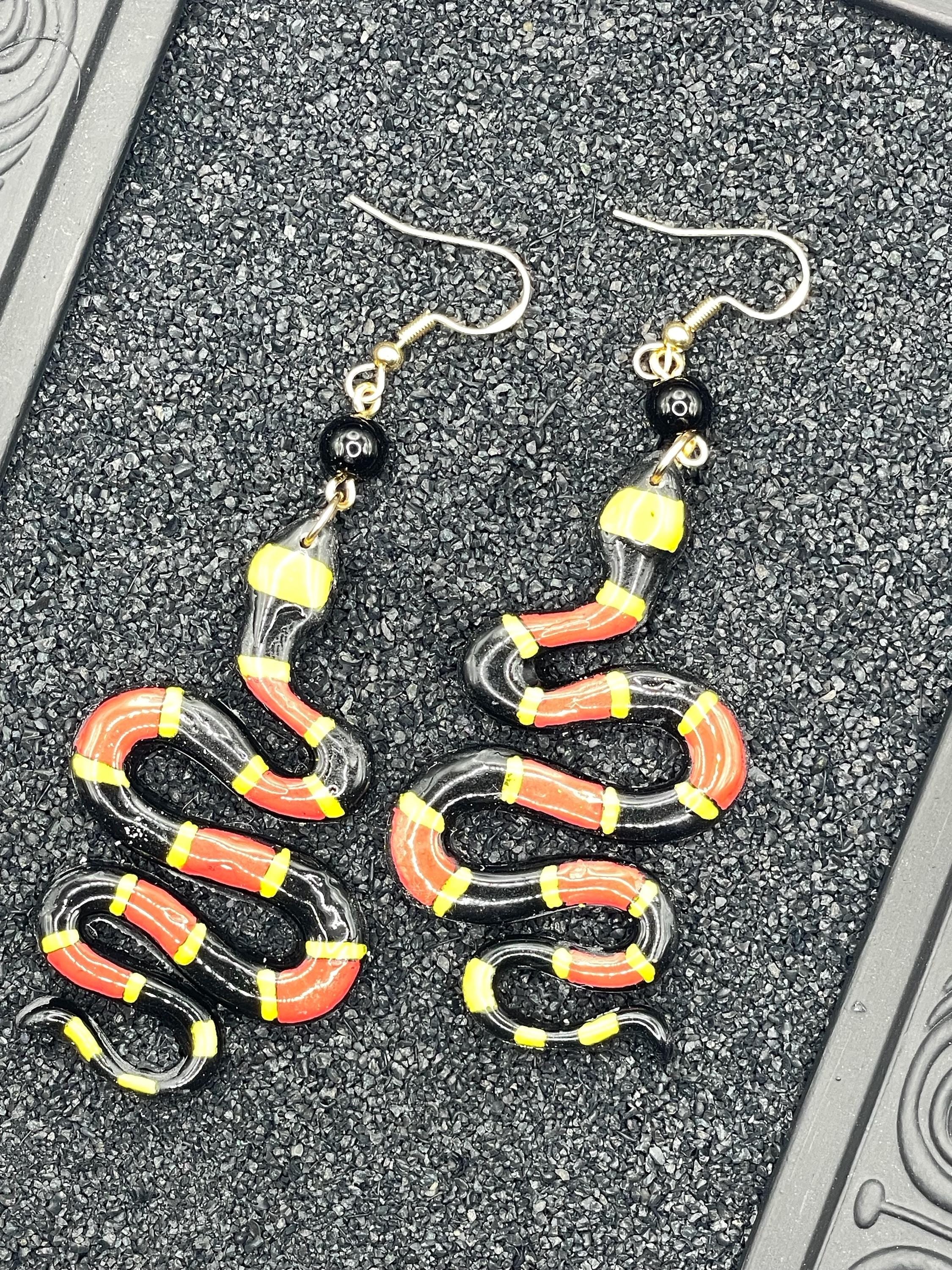 Tattoo-Coral Snake Earrings: Handmade, Hand-Painted Polymer Clay