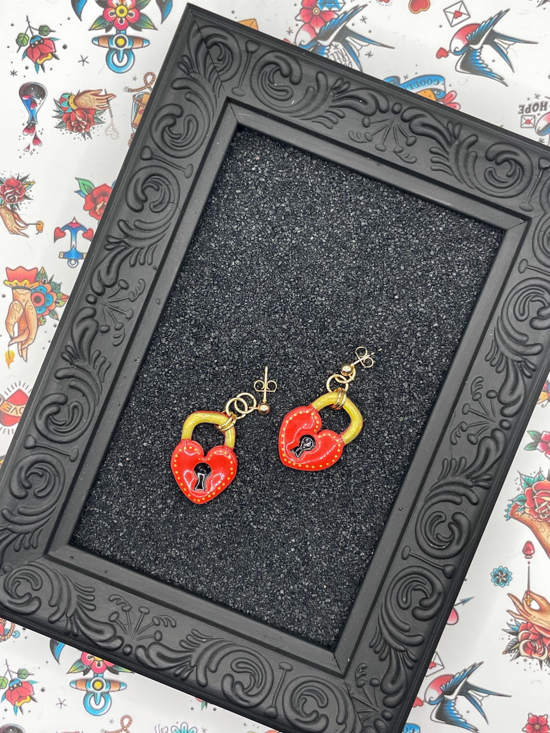 Tattoo-Heart Padlock Earrings: Hand-Painted Polymer Clay, Sailor Jerry Style