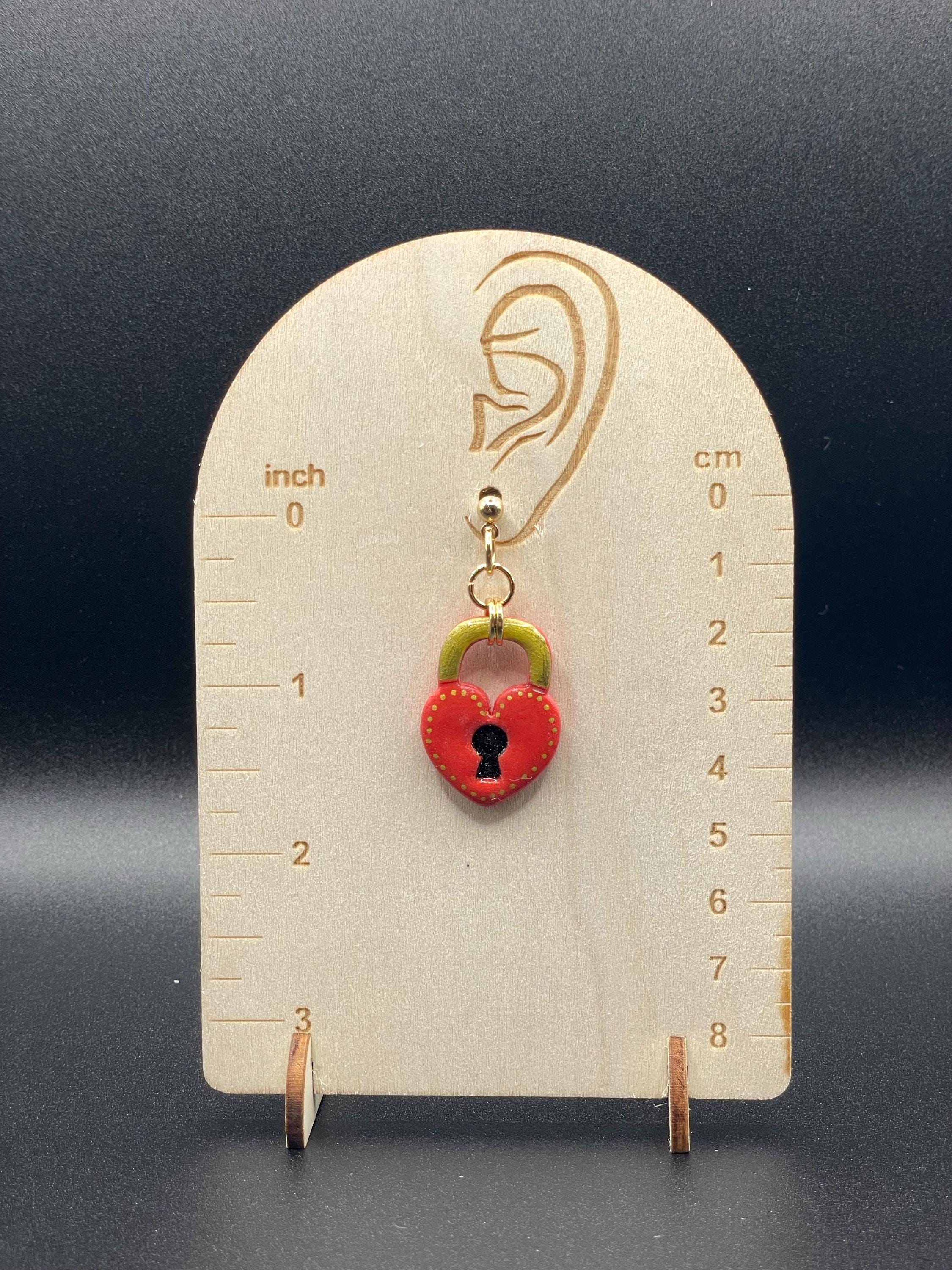 Tattoo-Heart Padlock Earrings: Hand-Painted Polymer Clay, Sailor Jerry Style