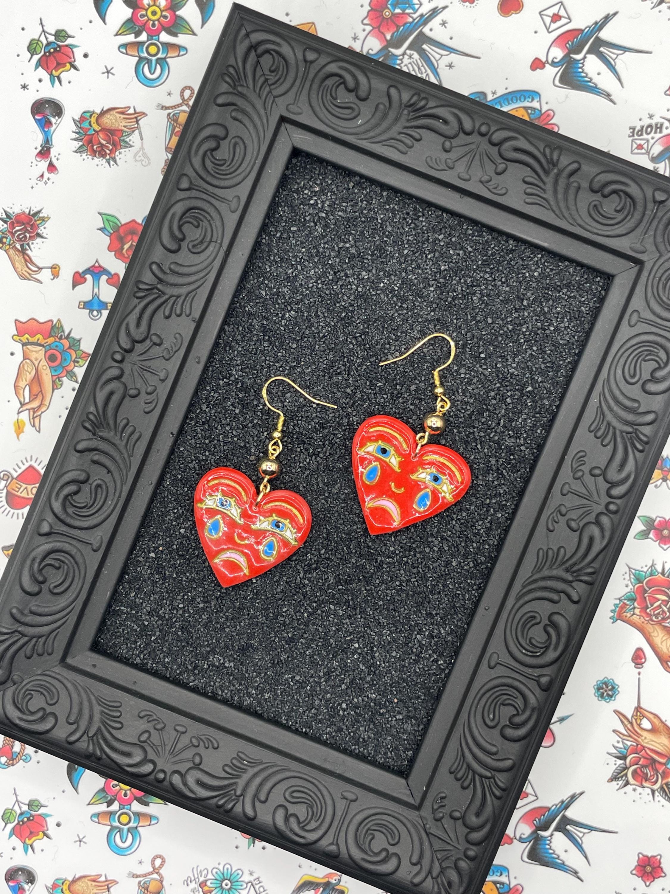 Tattoo-Crying Heart Earrings: Handmade Polymer Clay, Sailor Jerry Style