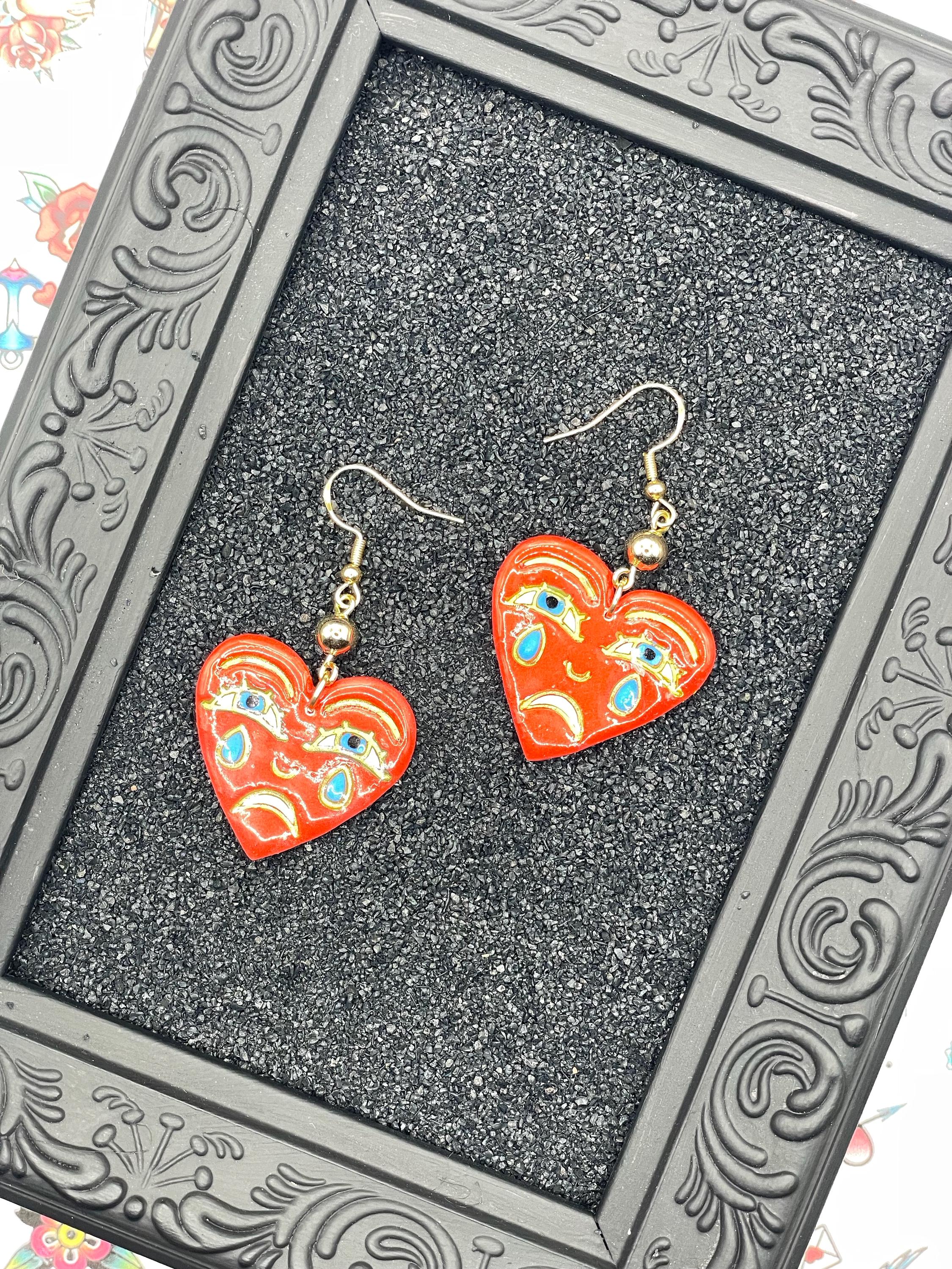 Tattoo-Crying Heart Earrings: Handmade Polymer Clay, Sailor Jerry Style