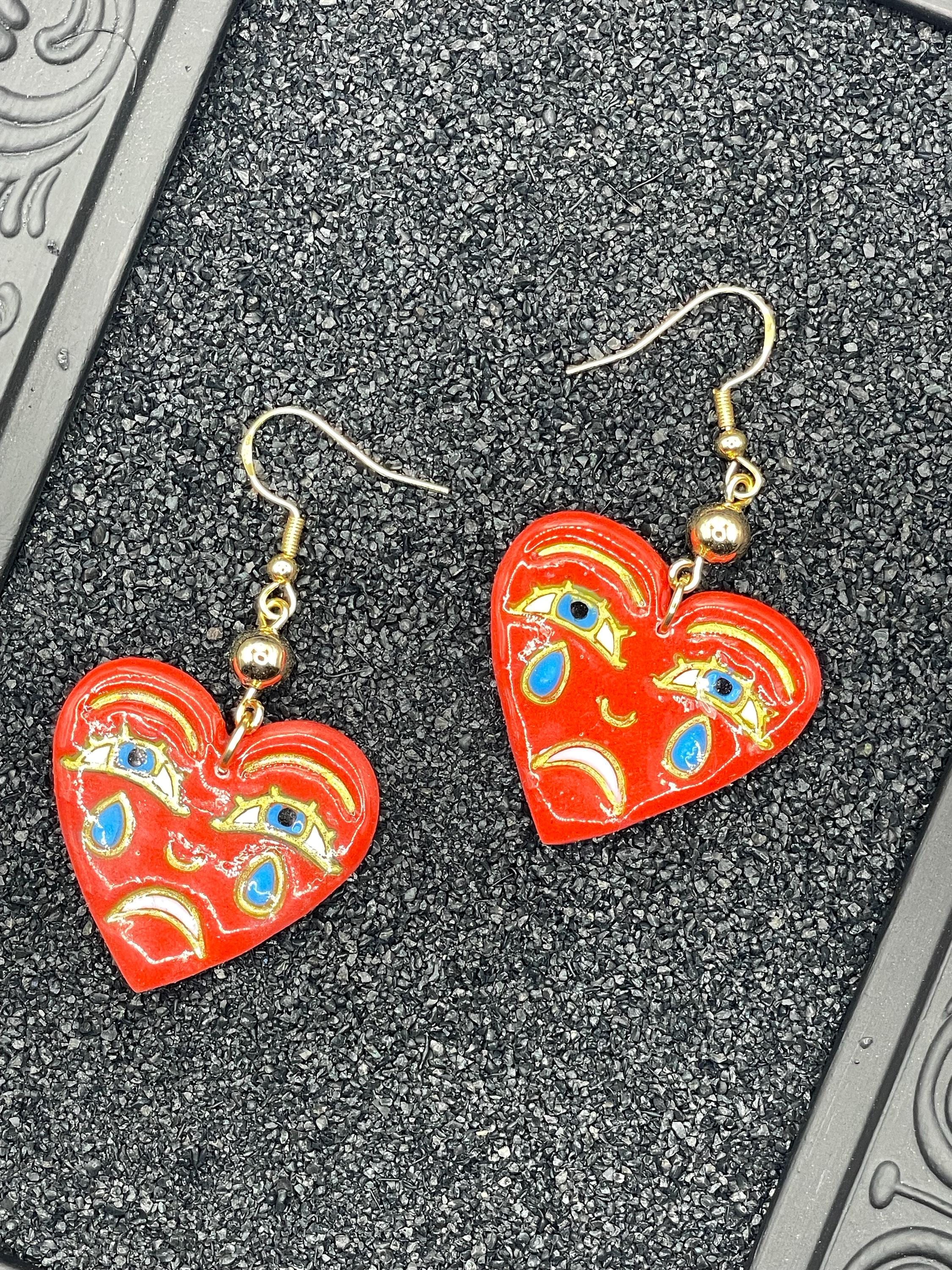 Tattoo-Crying Heart Earrings: Handmade Polymer Clay, Sailor Jerry Style