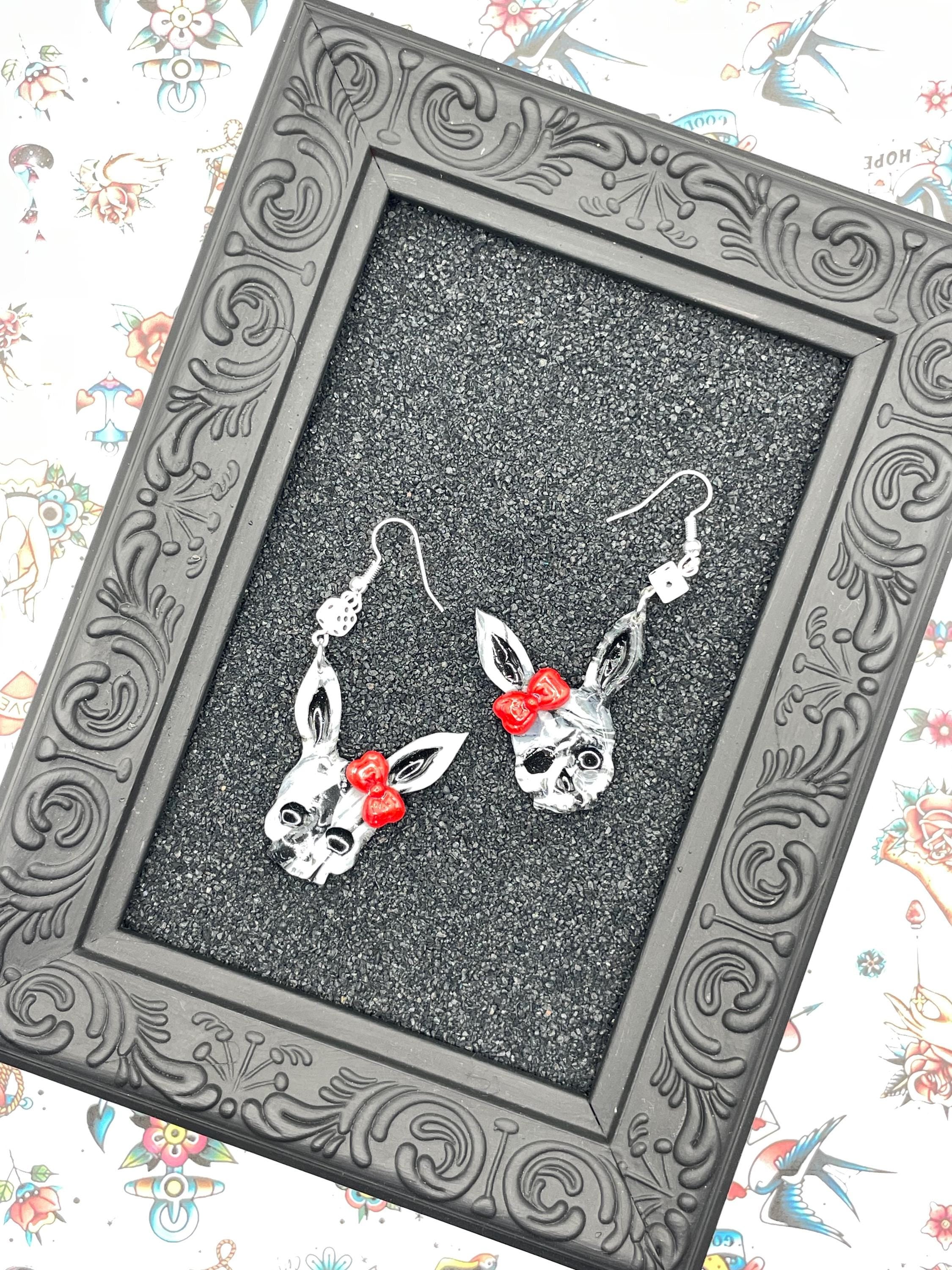 Tattoo-Marbled Skull Bunny Earrings: Sailor Jerry Style, Polymer Clay