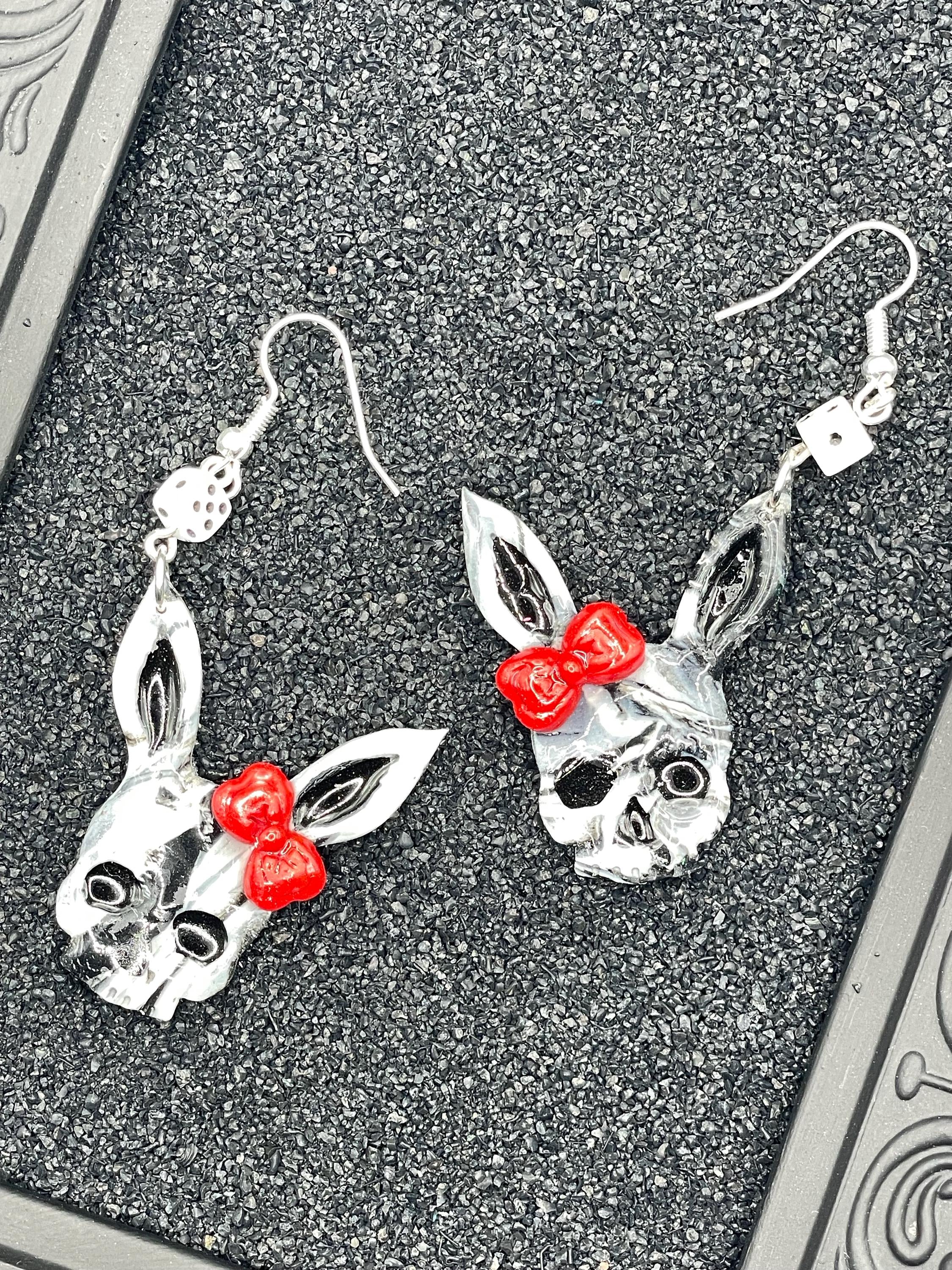 Tattoo-Marbled Skull Bunny Earrings: Sailor Jerry Style, Polymer Clay