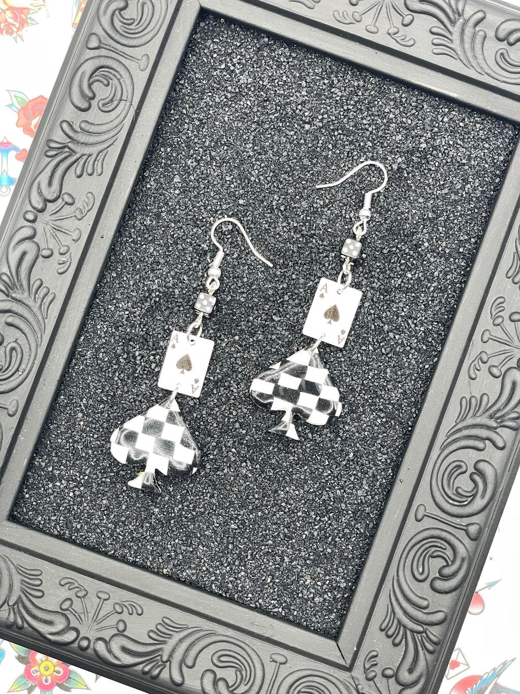 Vegas-Checkered Ace of Spades Earrings: Handmade, Hand-Painted Polymer Clay