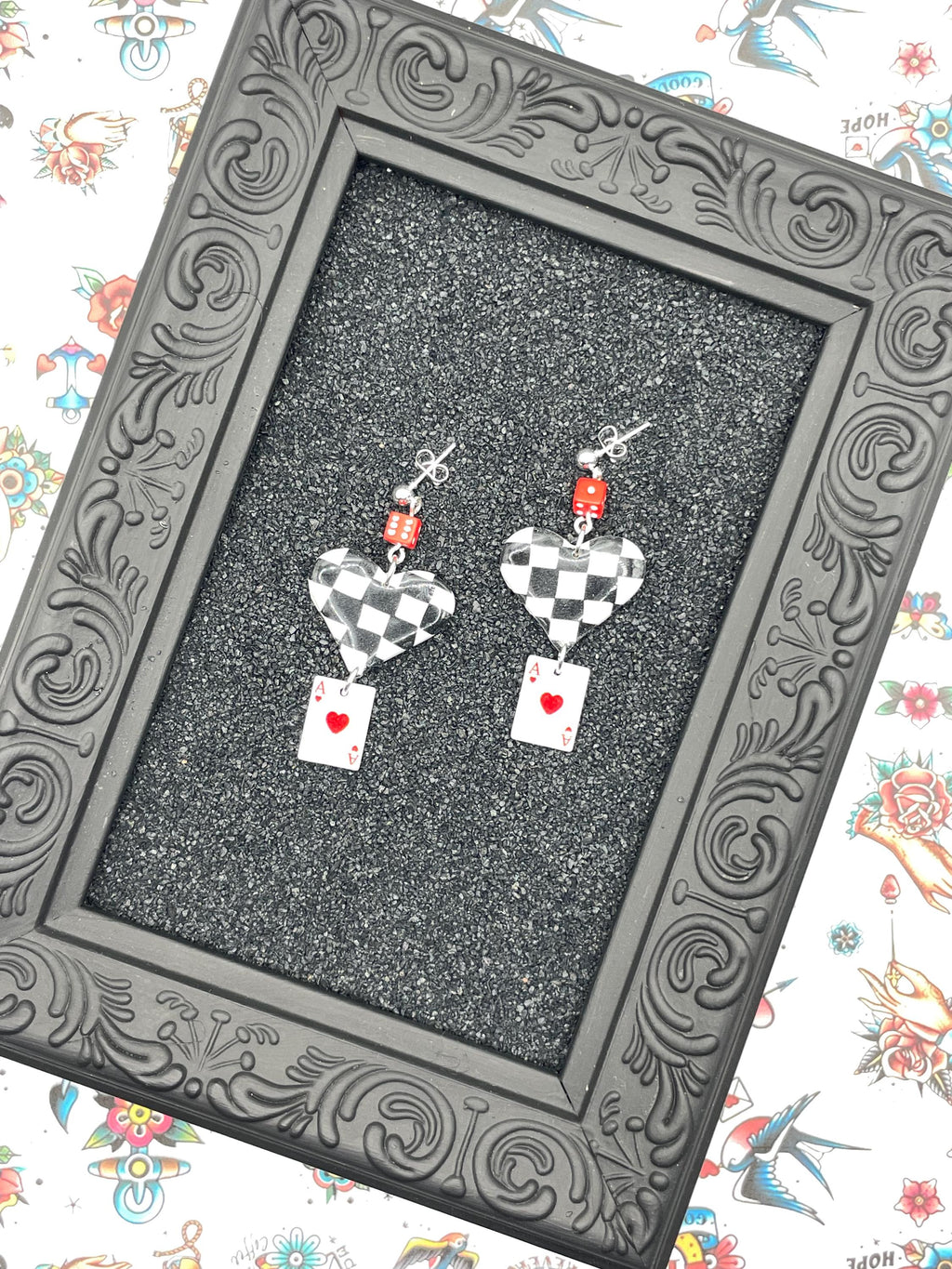 Vegas-Checkered Ace of Hearts Earrings with Mini Dice: Handmade, Hand-Painted Polymer Clay