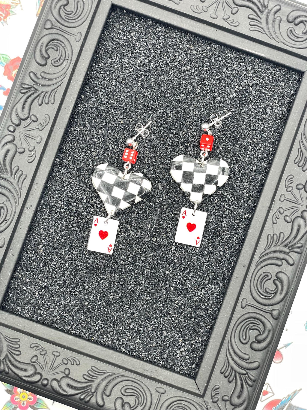 Vegas-Checkered Ace of Hearts Earrings with Mini Dice: Handmade, Hand-Painted Polymer Clay