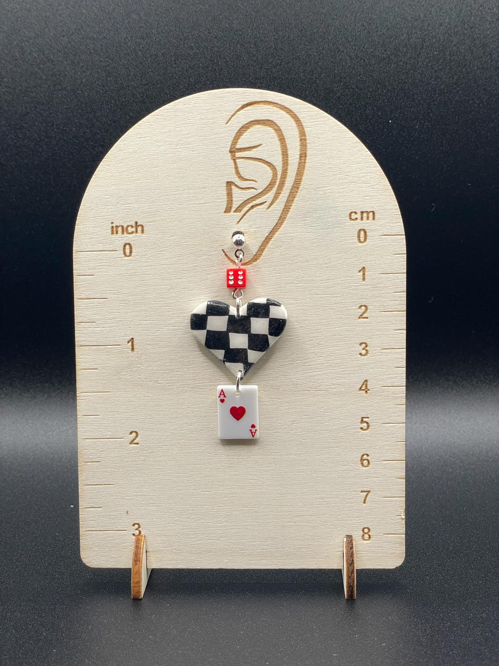 Vegas-Checkered Ace of Hearts Earrings with Mini Dice: Handmade, Hand-Painted Polymer Clay