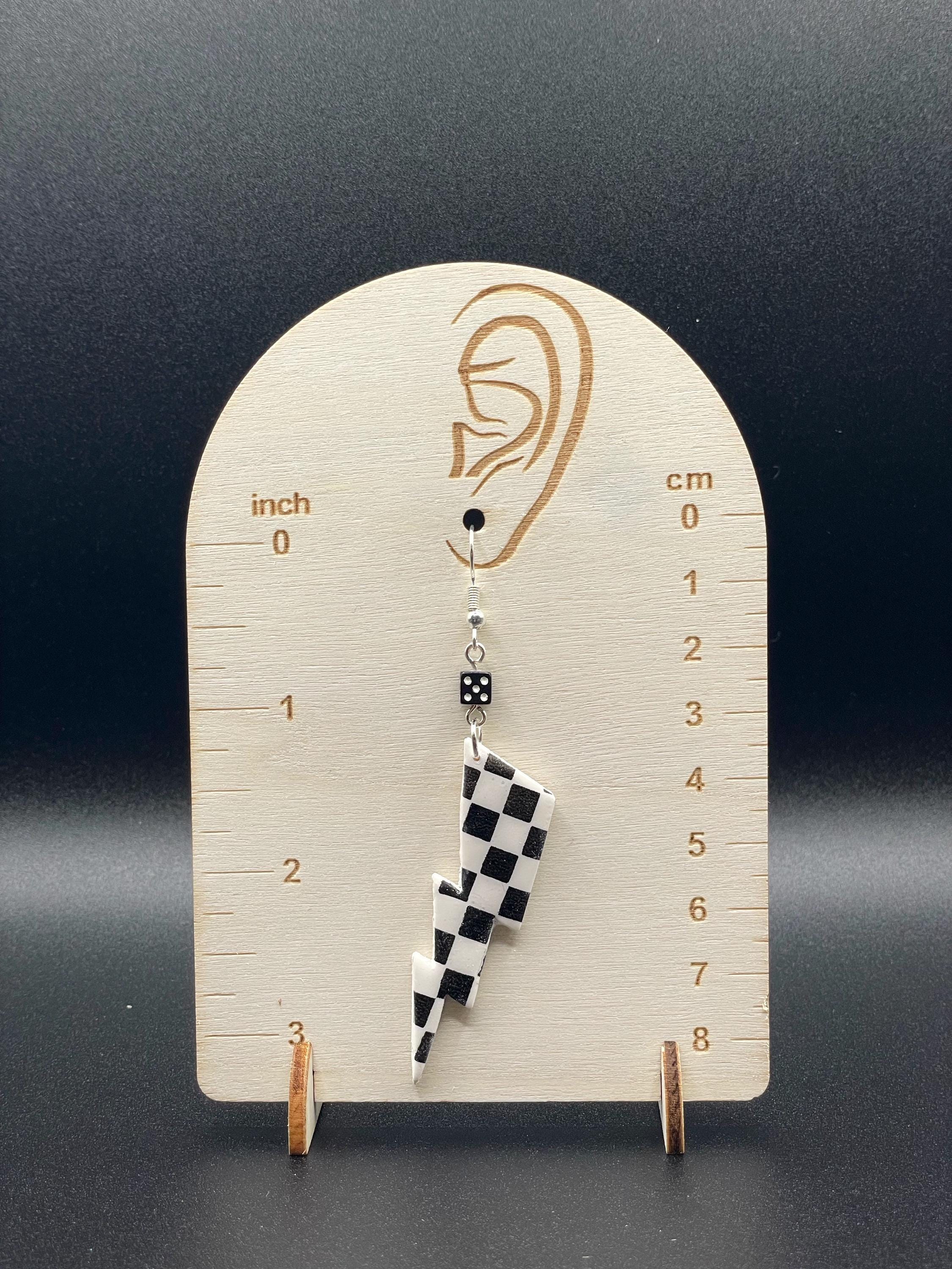 Vegas-Checkered Lightning Bolt Earrings: Handmade Polymer Clay Casino Jewelry