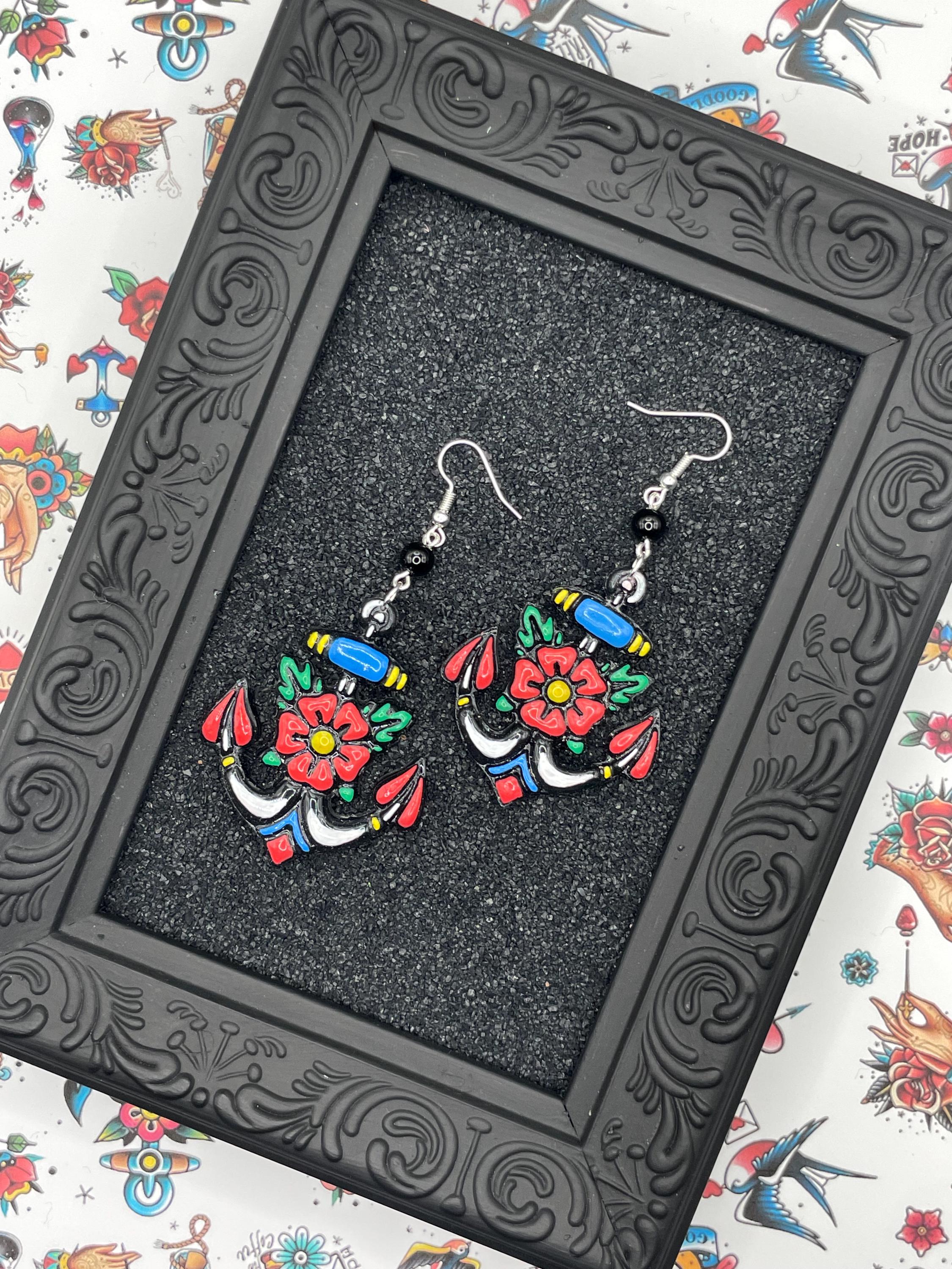 Tattoo-Handmade Tattoo Anchor Earrings: Sailor Jerry Style Polymer Clay