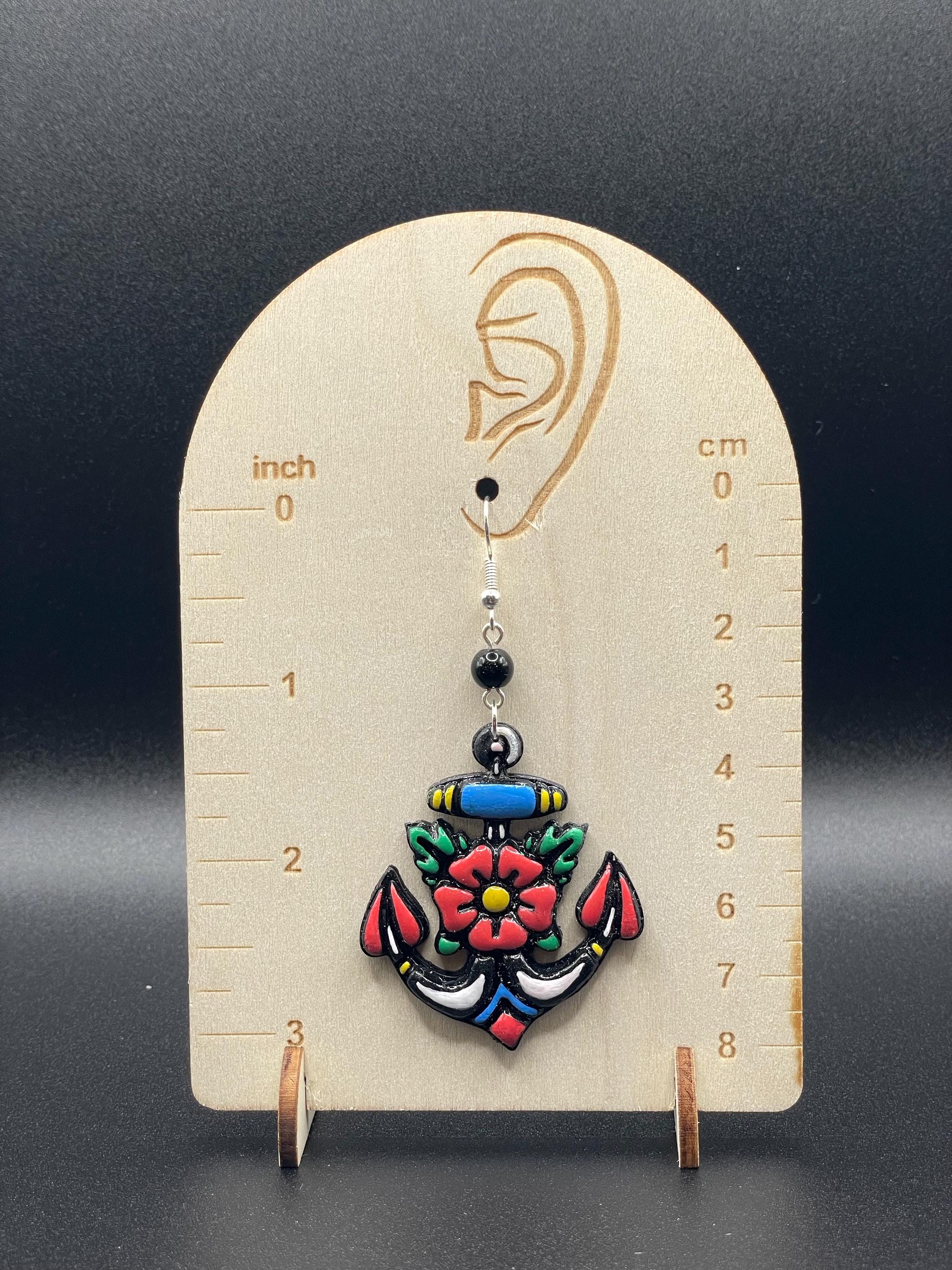 Tattoo-Handmade Tattoo Anchor Earrings: Sailor Jerry Style Polymer Clay