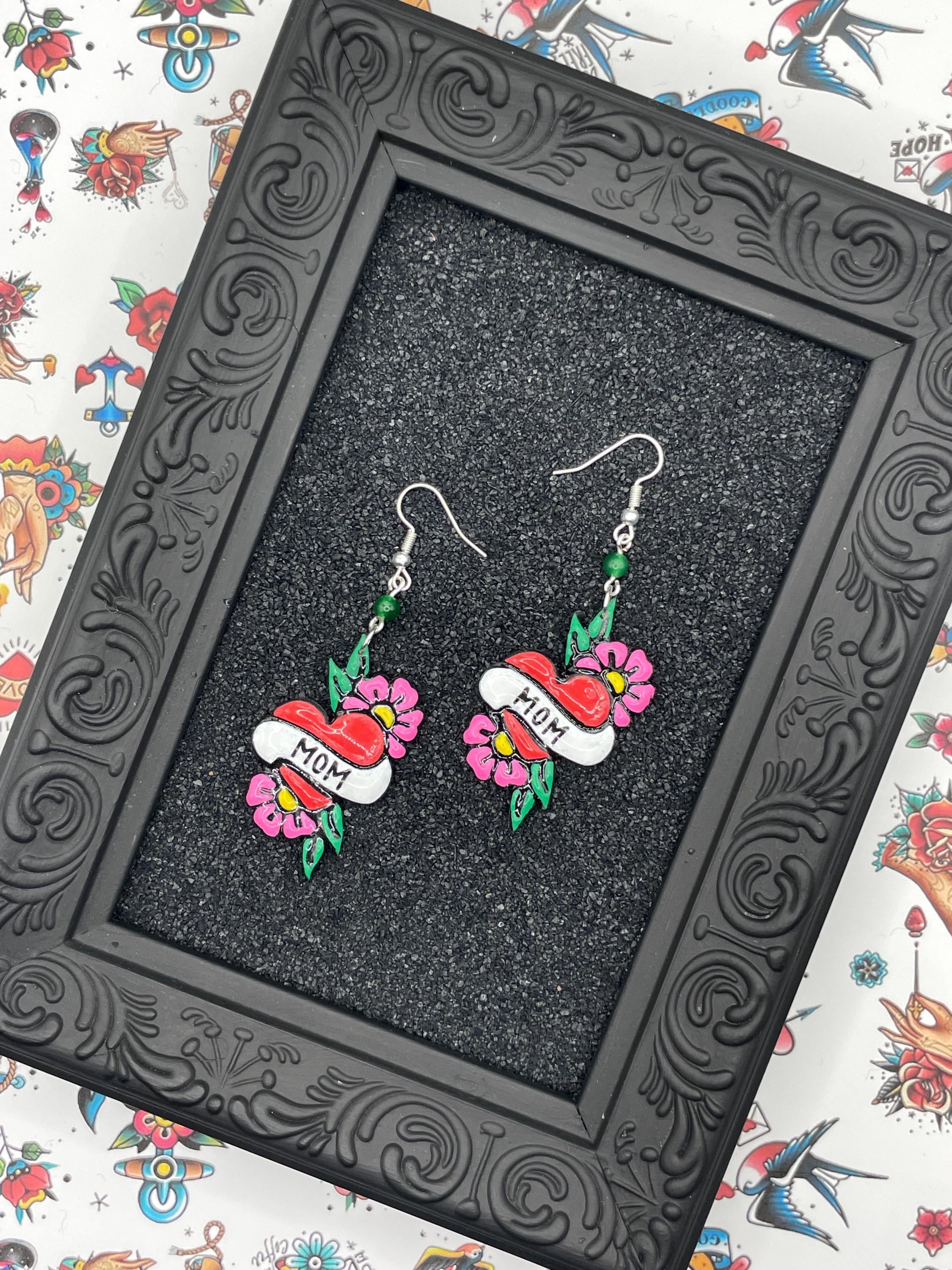 Tattoo-Mom Heart Earrings: Hand-Painted Polymer Clay, Sailor Jerry Style