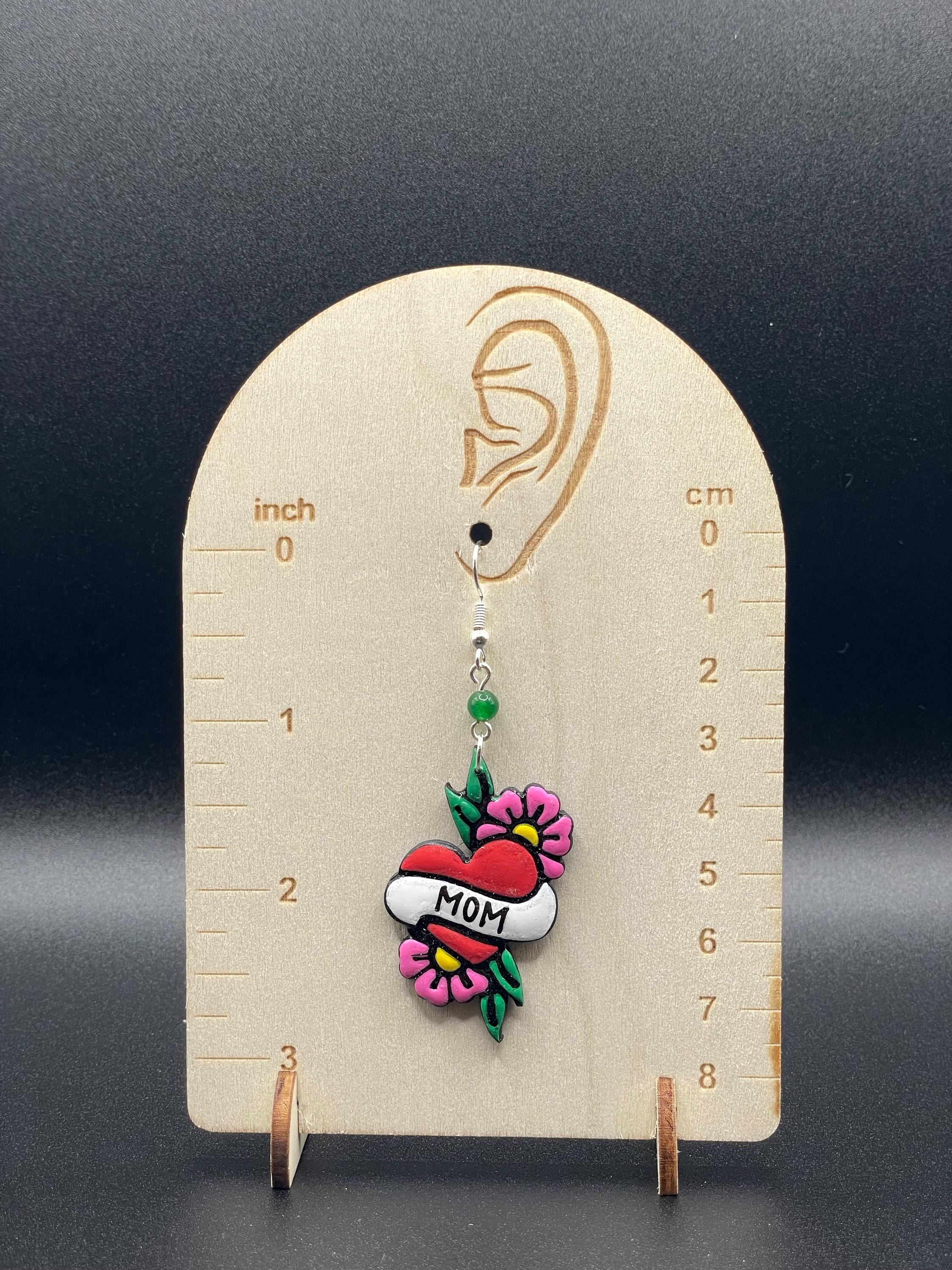 Tattoo-Mom Heart Earrings: Hand-Painted Polymer Clay, Sailor Jerry Style